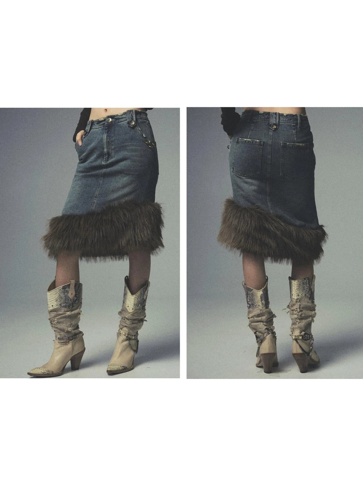 Retro Fur Collar Denim Suit With Detachable Perforated Pants And Quilted Lining