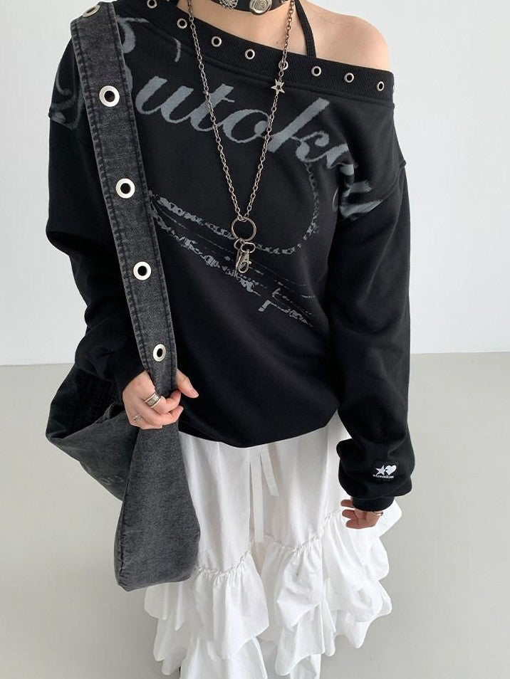 atrandom Black Asymmetric Dropped Shoulder Eyelet Text Print Women&
