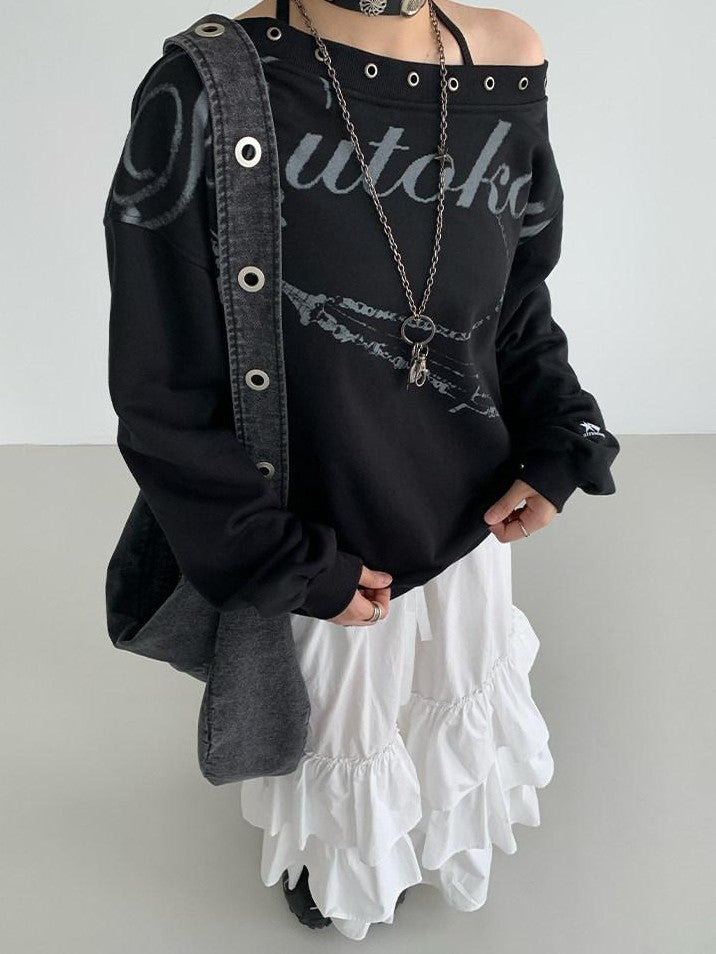 atrandom Black Asymmetric Dropped Shoulder Eyelet Text Print Women&