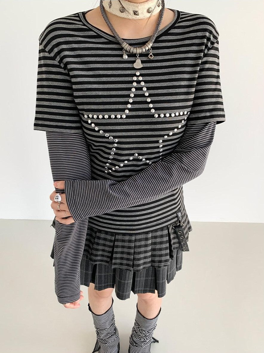 atrandom Black Grey Striped Star Sequin Hotfix Faux Layer Women&