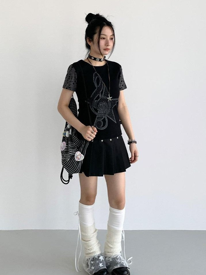atrandom Black Star Stud Lace Up Pleated Women&