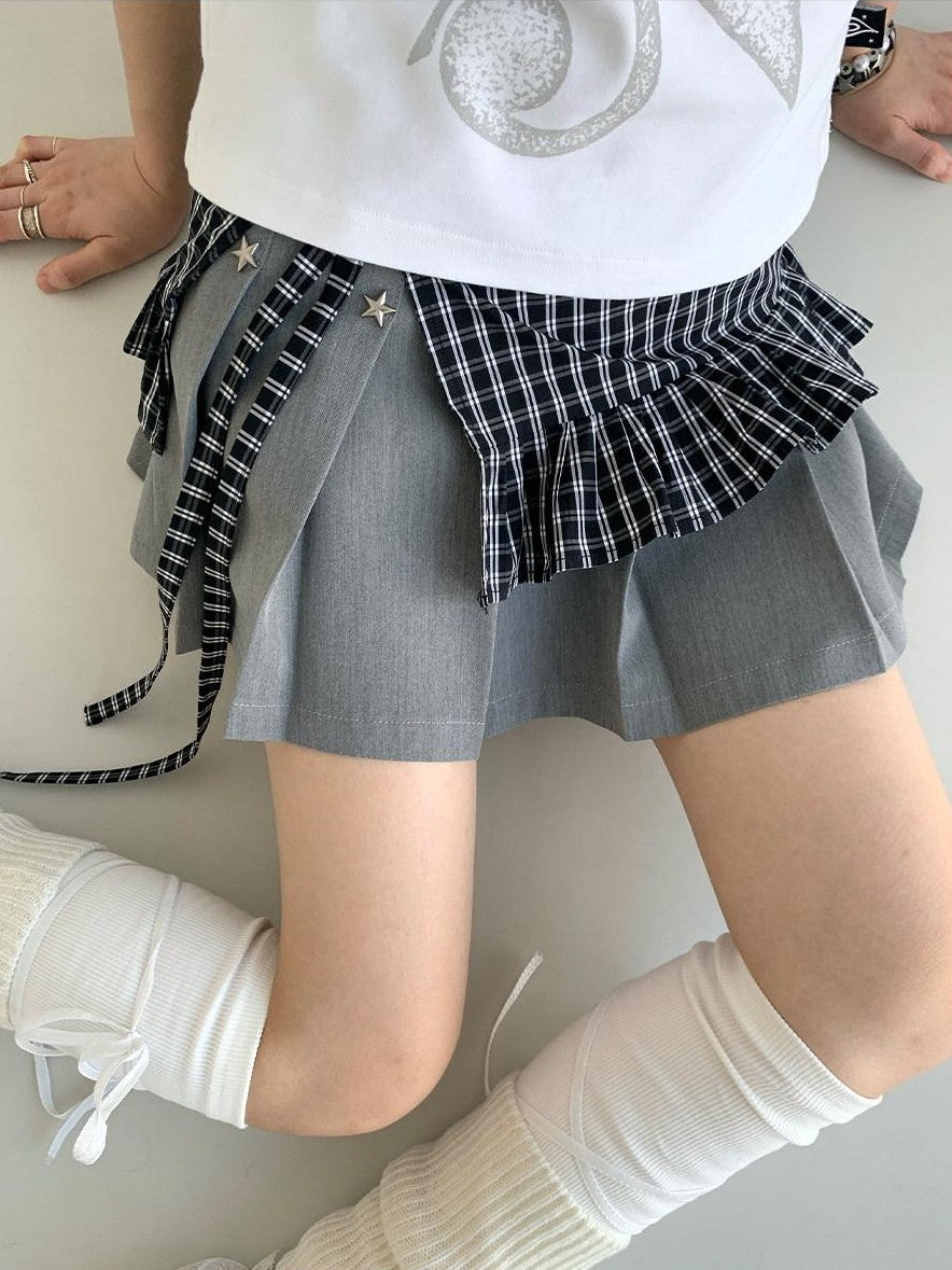 atrandom Black White Check Handmade Pleated Lace Tie Waist Women&