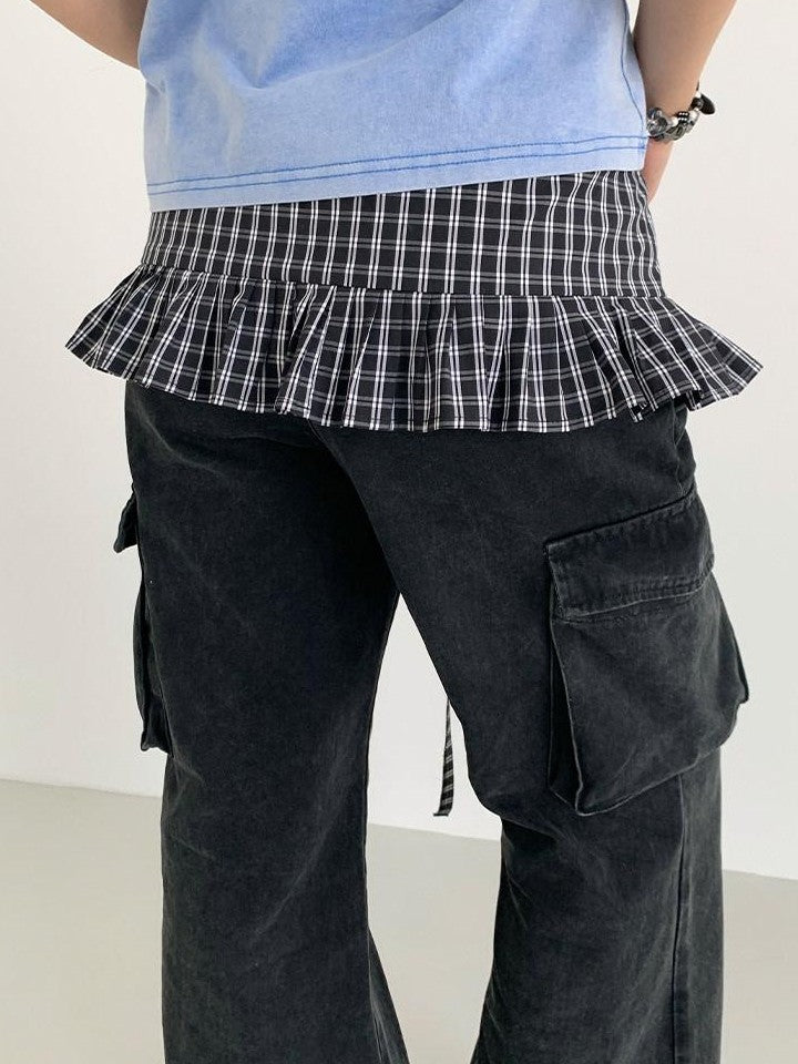 atrandom Black White Check Handmade Pleated Lace Tie Waist Women&