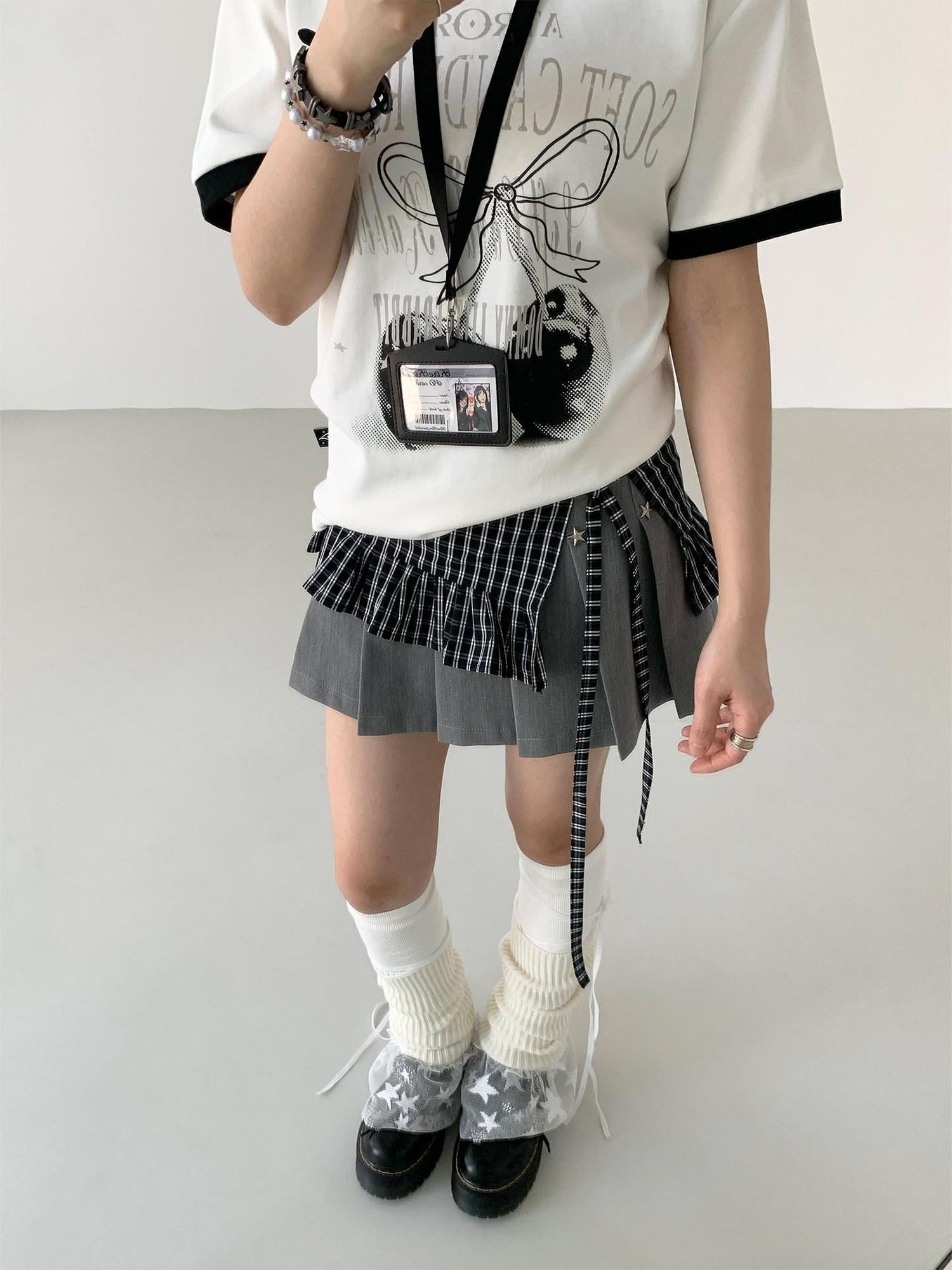 atrandom Black White Check Handmade Pleated Lace Tie Waist Women&