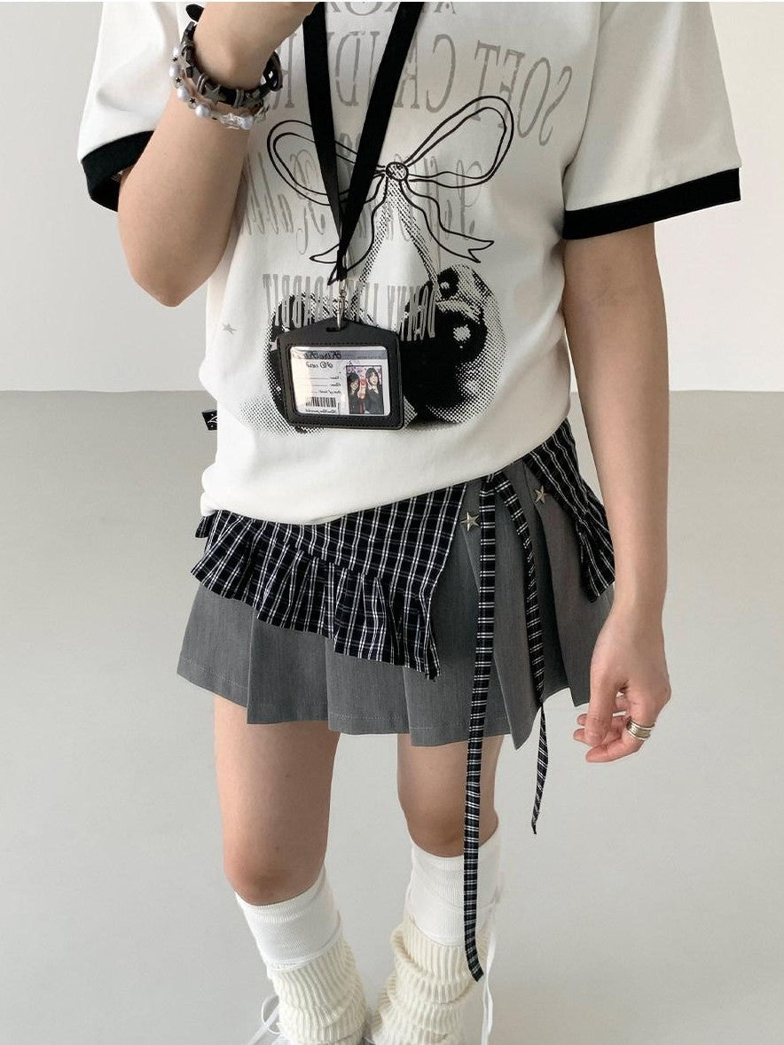 atrandom Black White Check Handmade Pleated Lace Tie Waist Women&