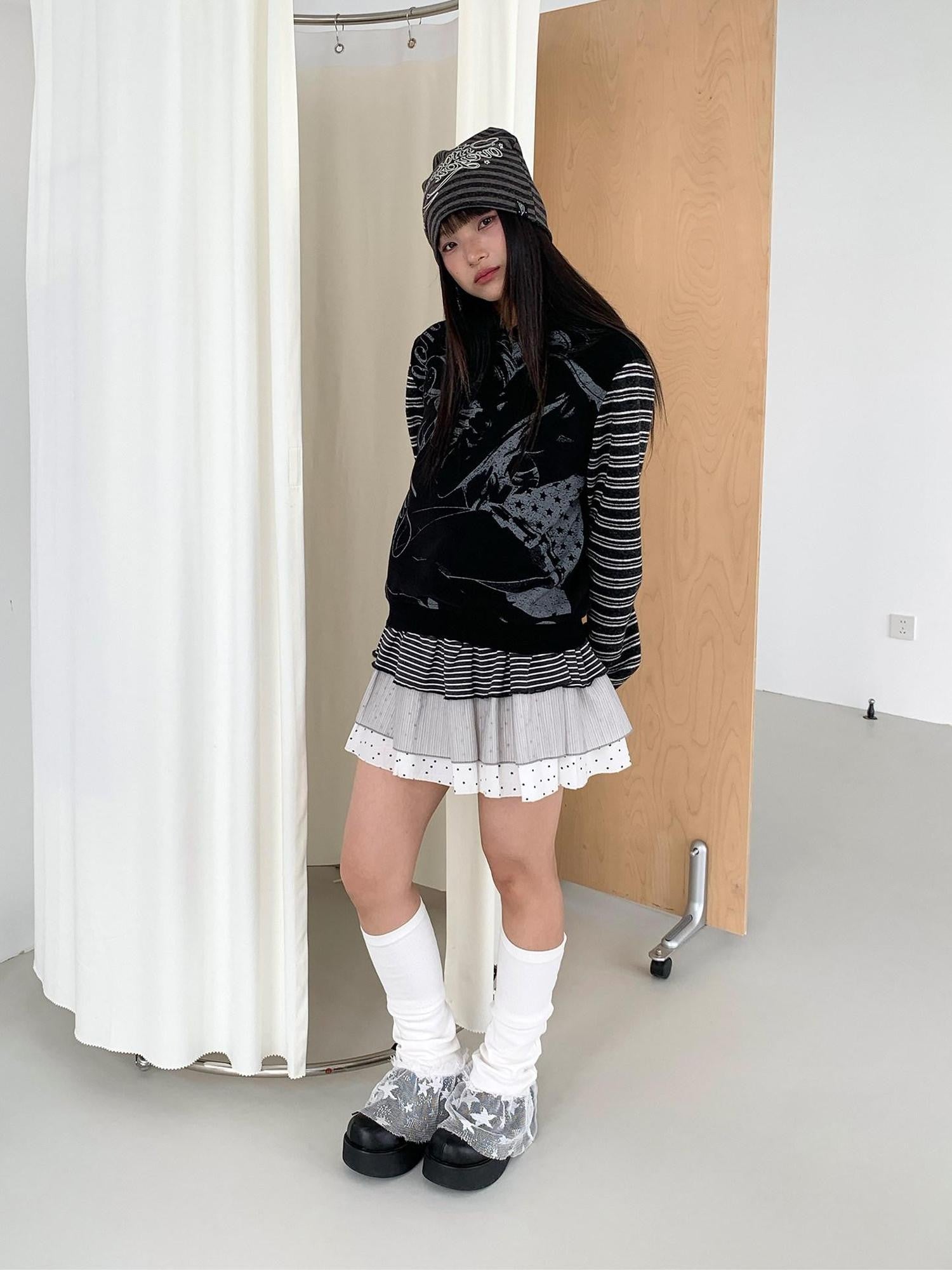 atrandom Black White Printed Striped Splice Fleece Women&