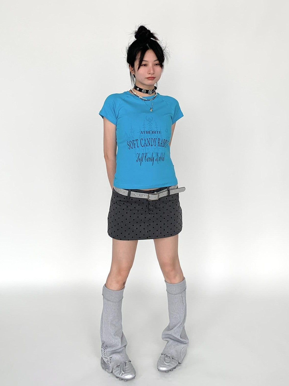 atrandom Blue Gray Vintage Print Raglan Slim Women&