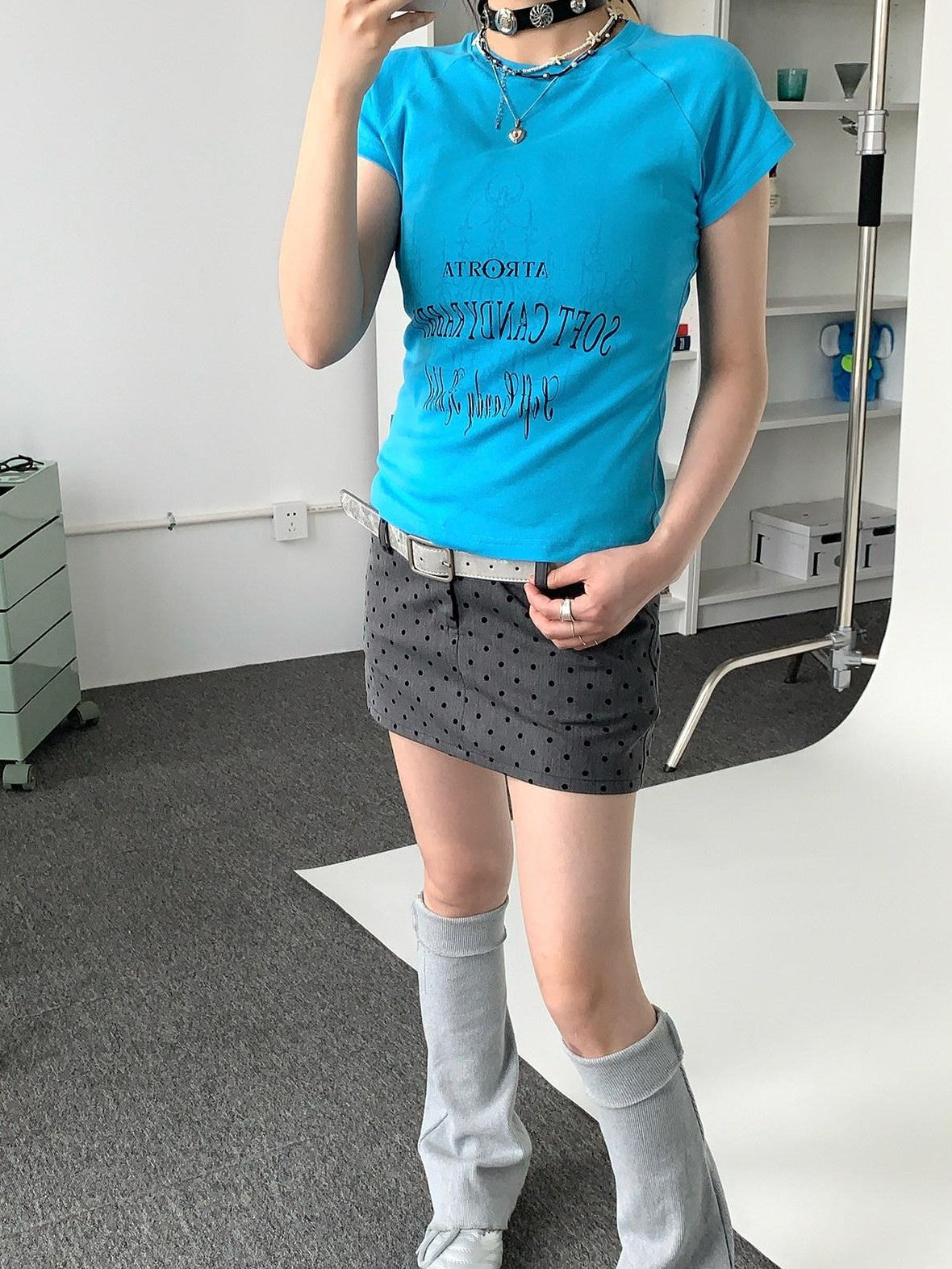 atrandom Blue Gray Vintage Print Raglan Slim Women&