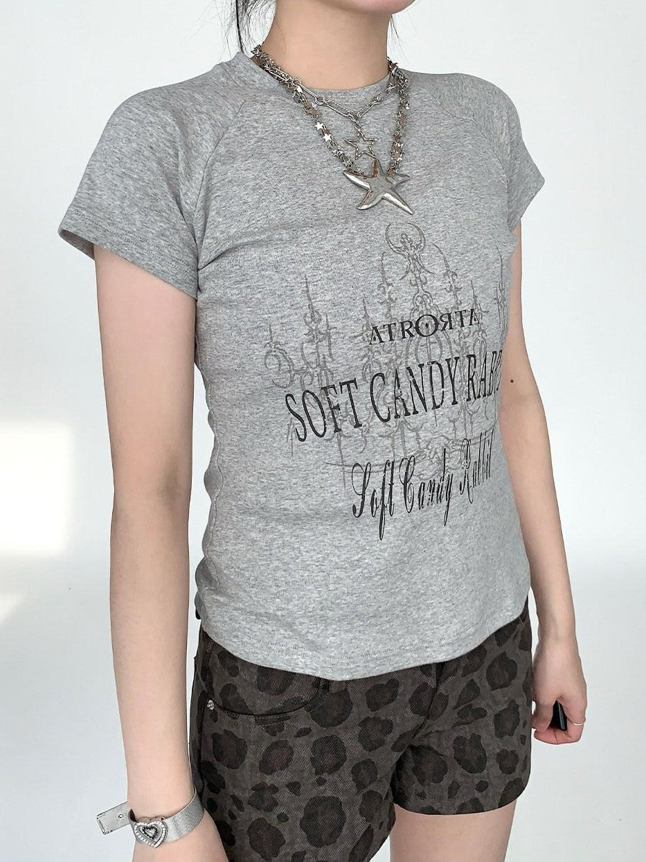 atrandom Blue Gray Vintage Print Raglan Slim Women&