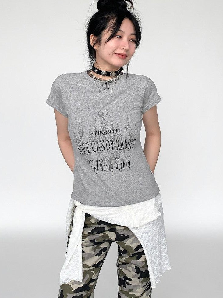 atrandom Blue Gray Vintage Print Raglan Slim Women&