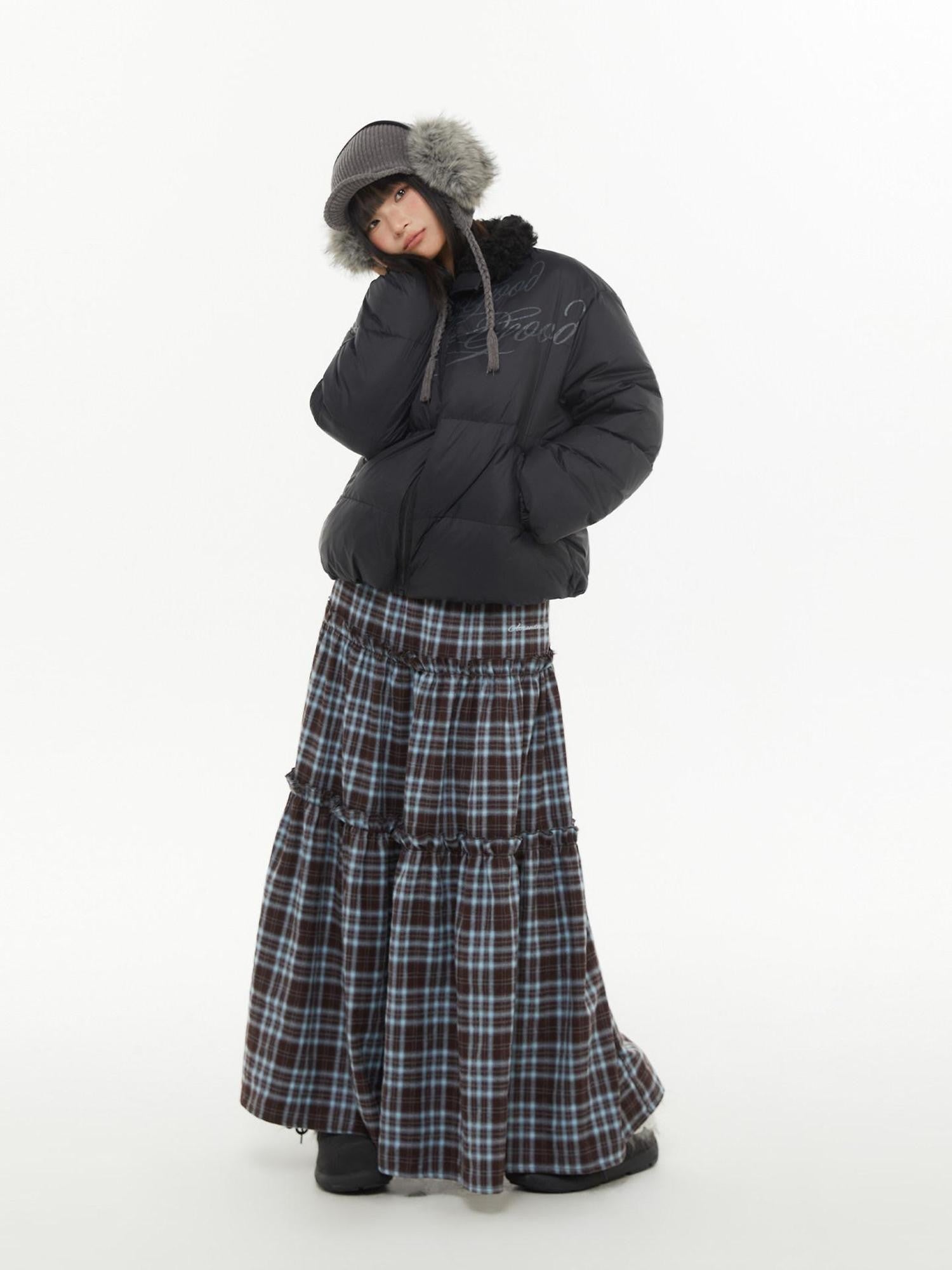 atrandom Brown Blue Plaid Lace Trim Layered Women&