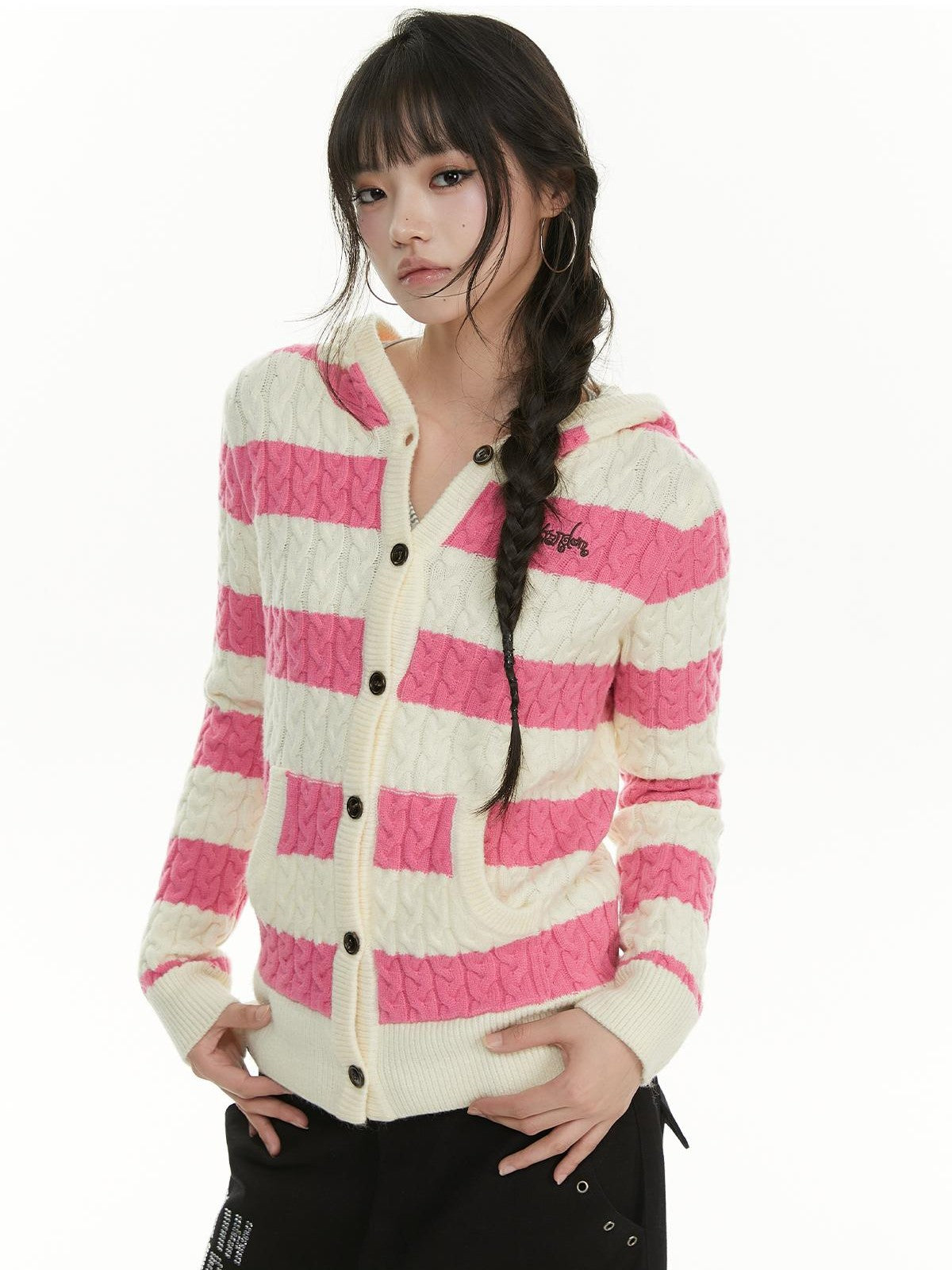 atrandom Cable Knit Striped Color Block Embroidered Hooded Women&