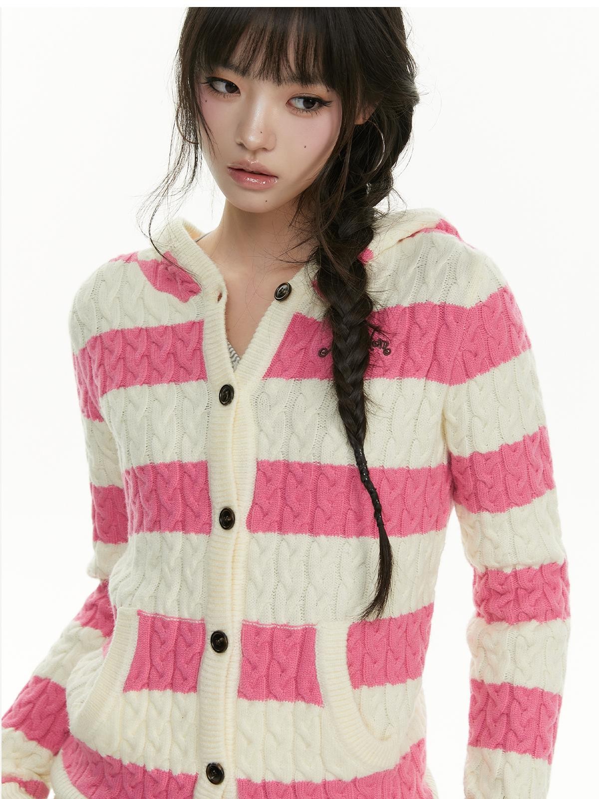 atrandom Cable Knit Striped Color Block Embroidered Hooded Women&