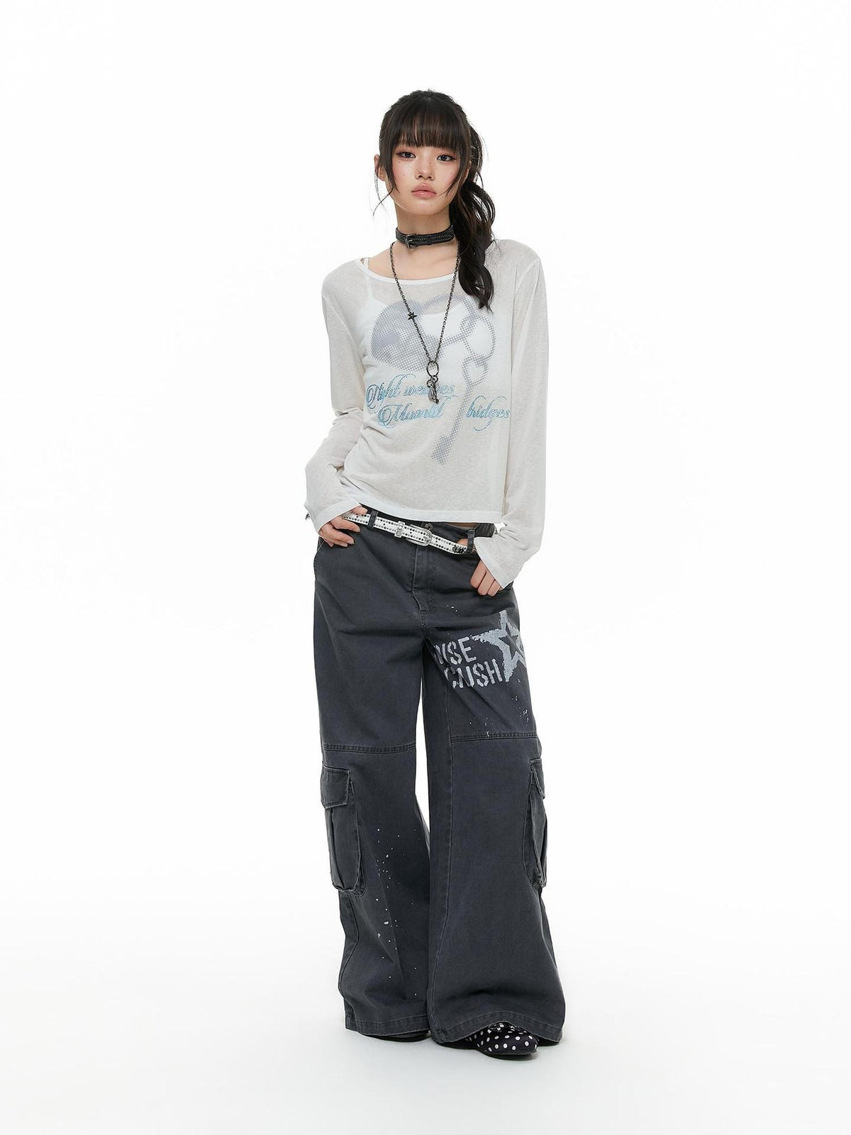 atrandom Chalk Gray Washed Distressed Printed Wide Leg Women&