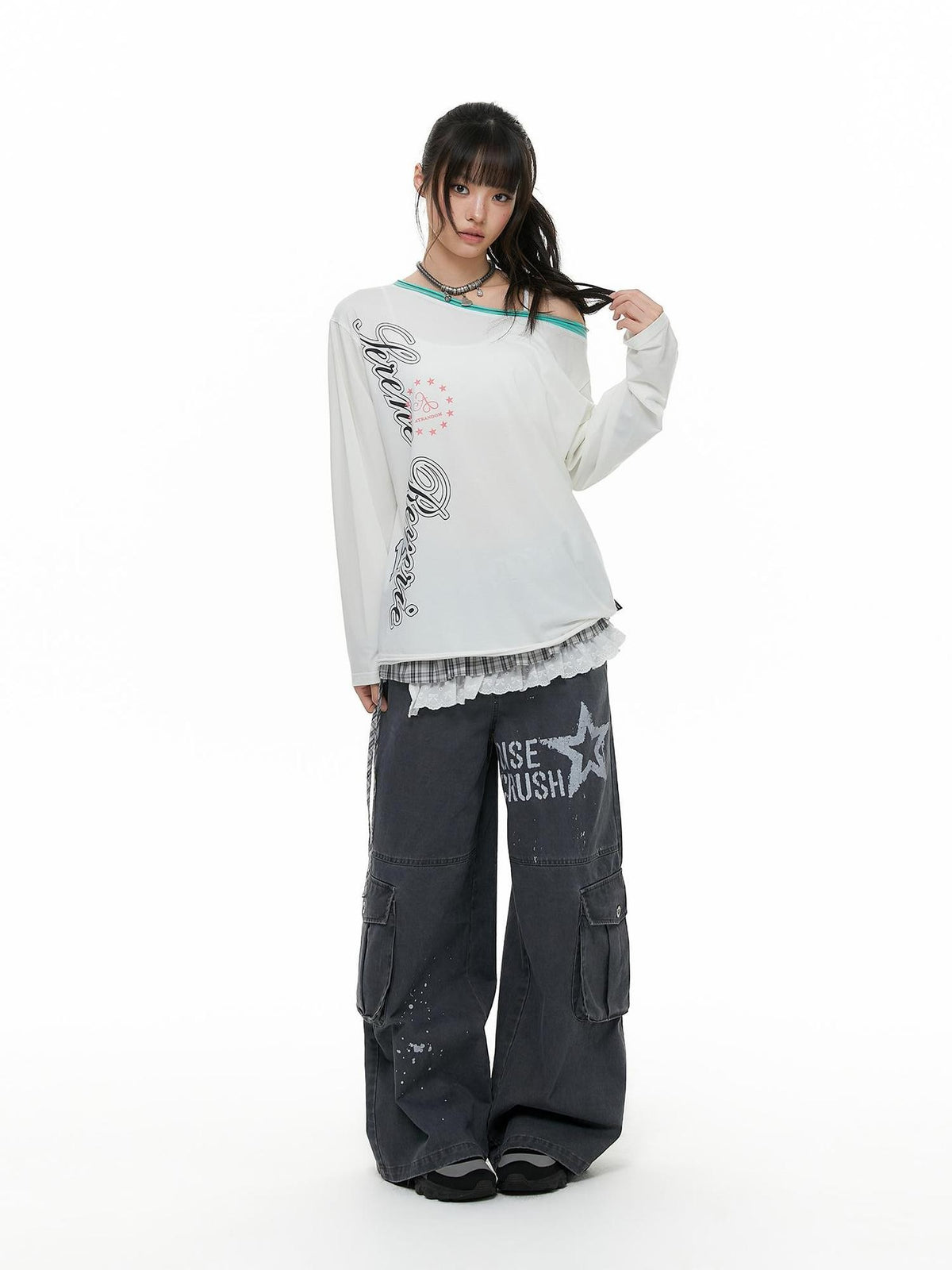 atrandom Chalk Gray Washed Distressed Printed Wide Leg Women&