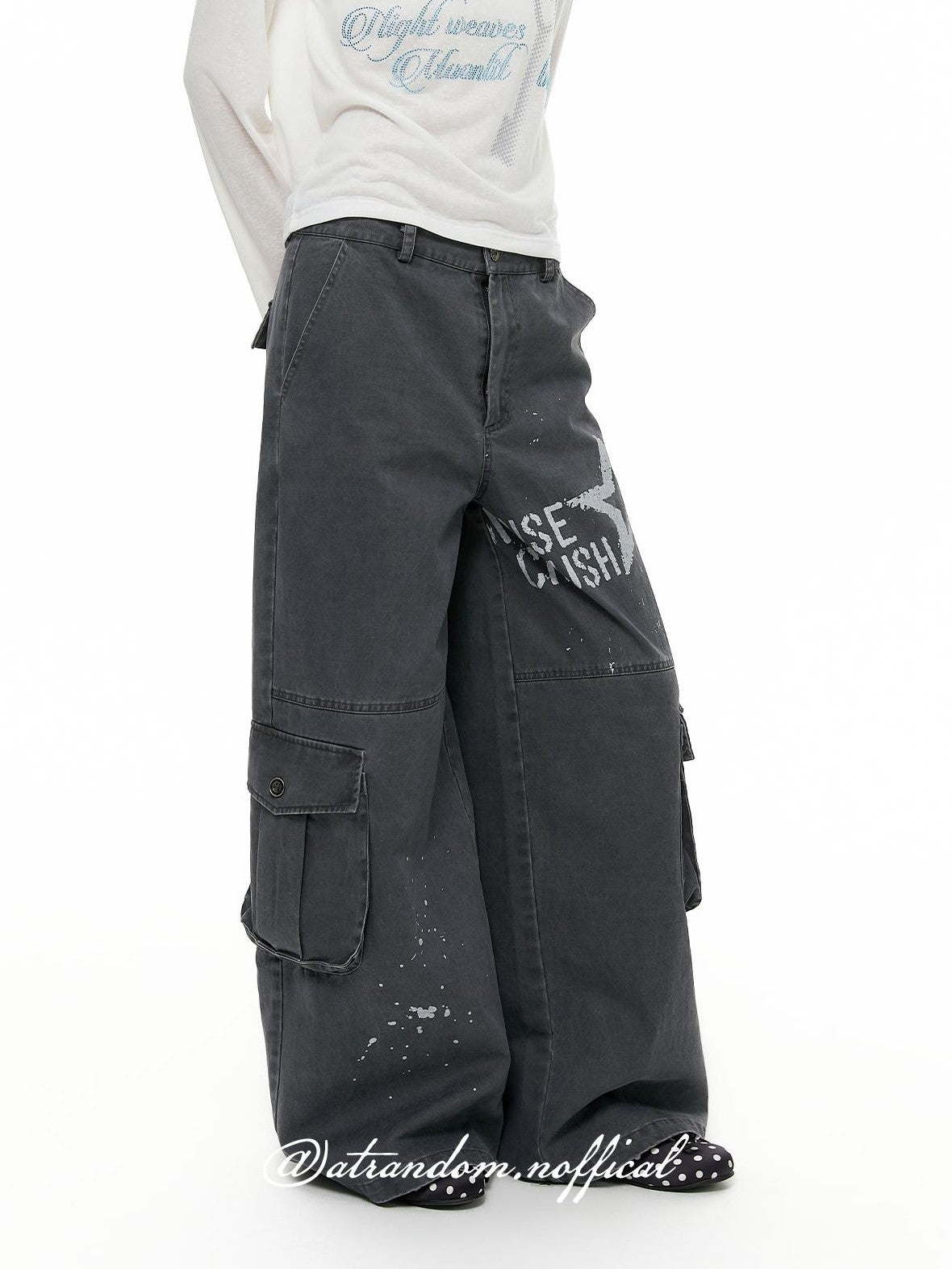 atrandom Chalk Gray Washed Distressed Printed Wide Leg Women&