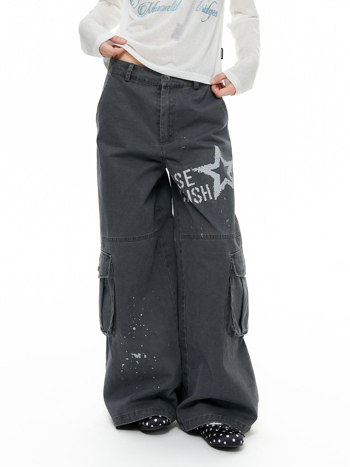atrandom Chalk Gray Washed Distressed Printed Wide Leg Women&