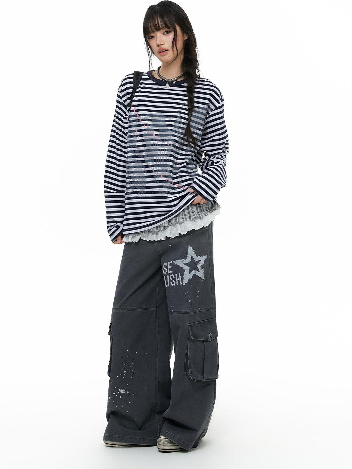atrandom Chalk Gray Washed Distressed Printed Wide Leg Women&