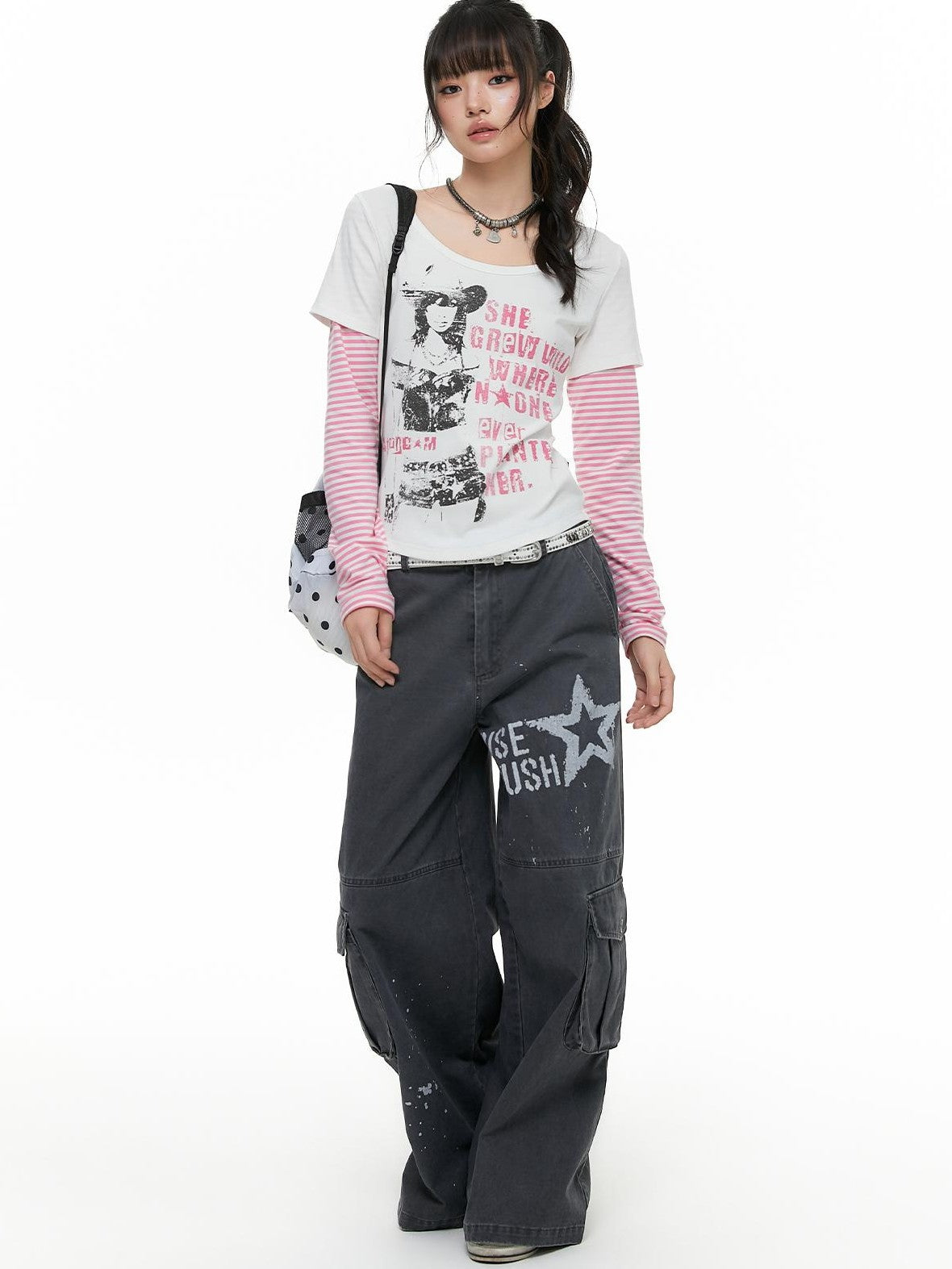 atrandom Chalk Gray Washed Distressed Printed Wide Leg Women&