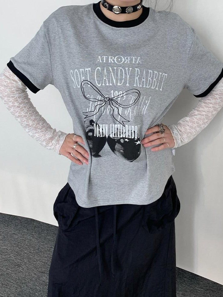 atrandom Cherry Print Contrast Edge Crewneck Bow Women&