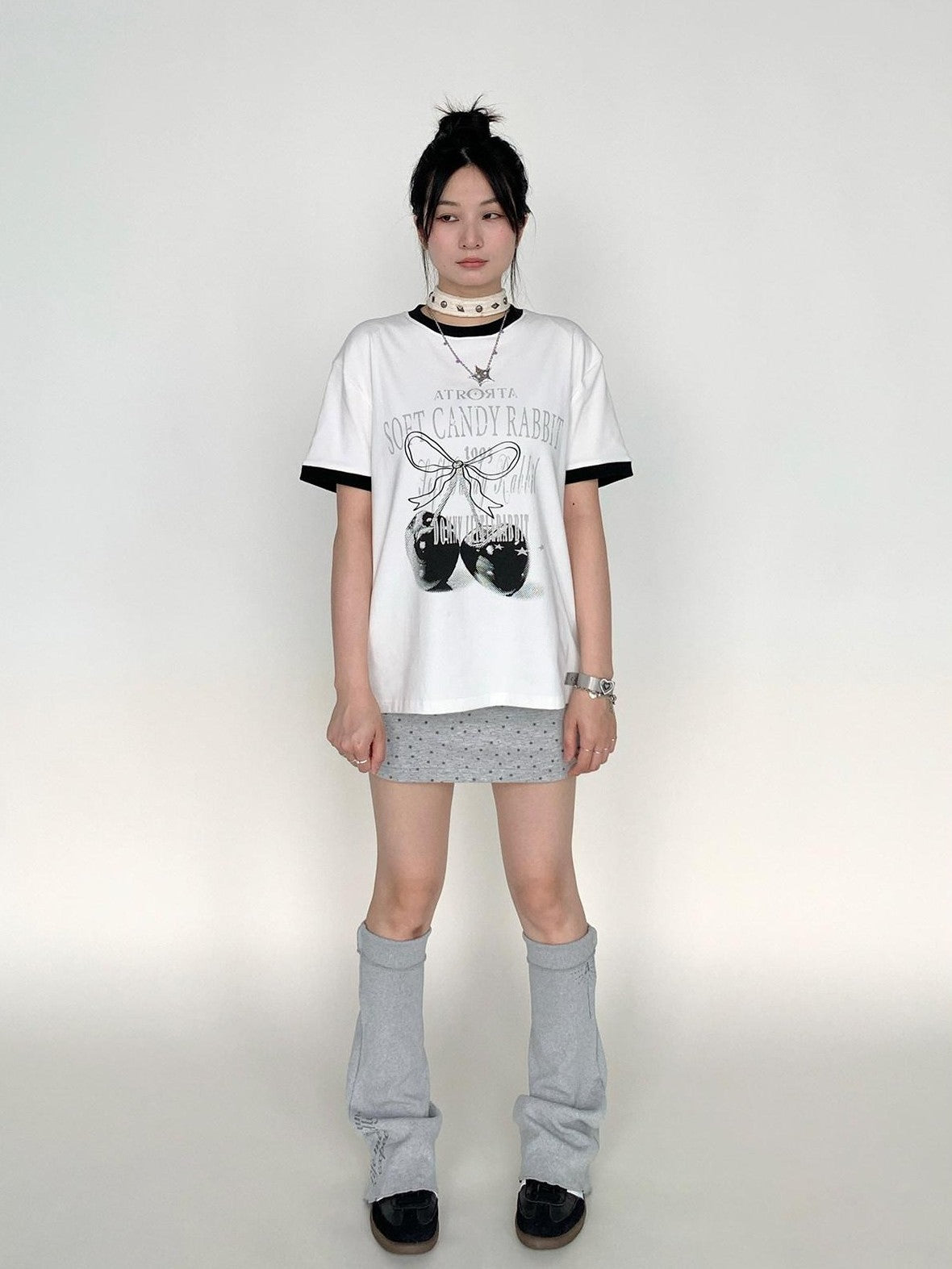atrandom Cherry Print Contrast Edge Crewneck Bow Women&