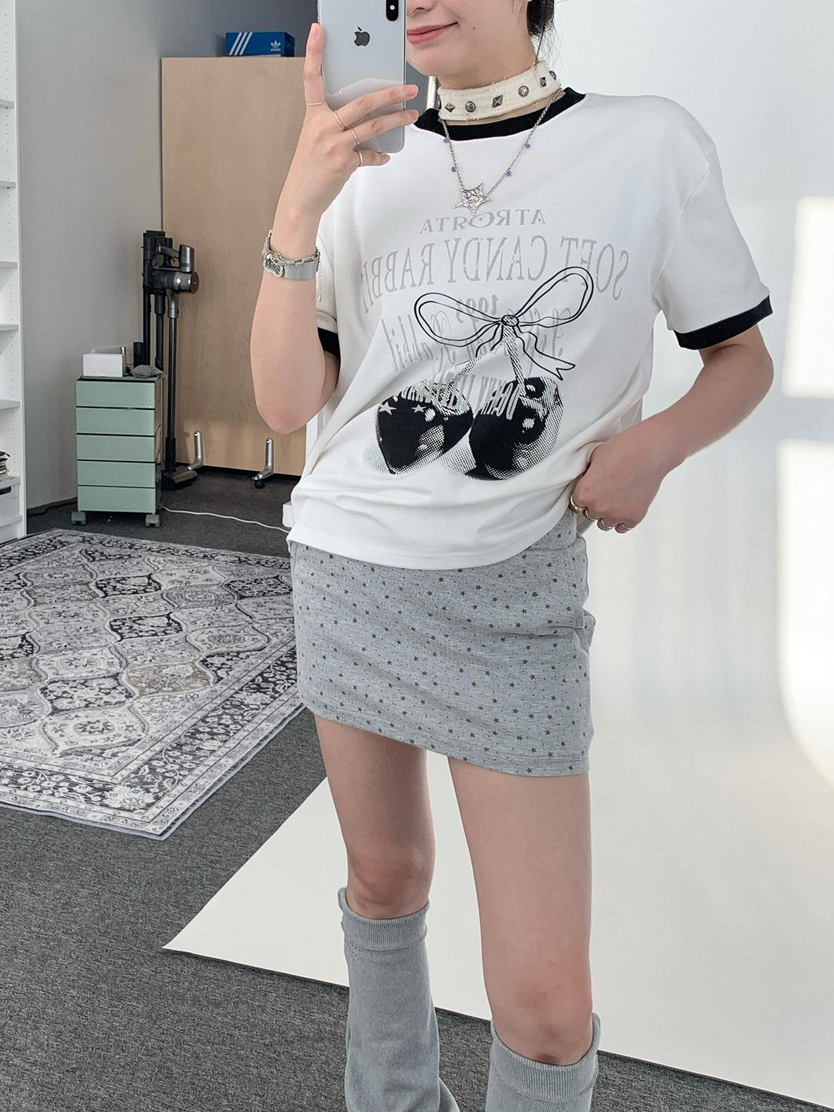 atrandom Cherry Print Contrast Edge Crewneck Bow Women&