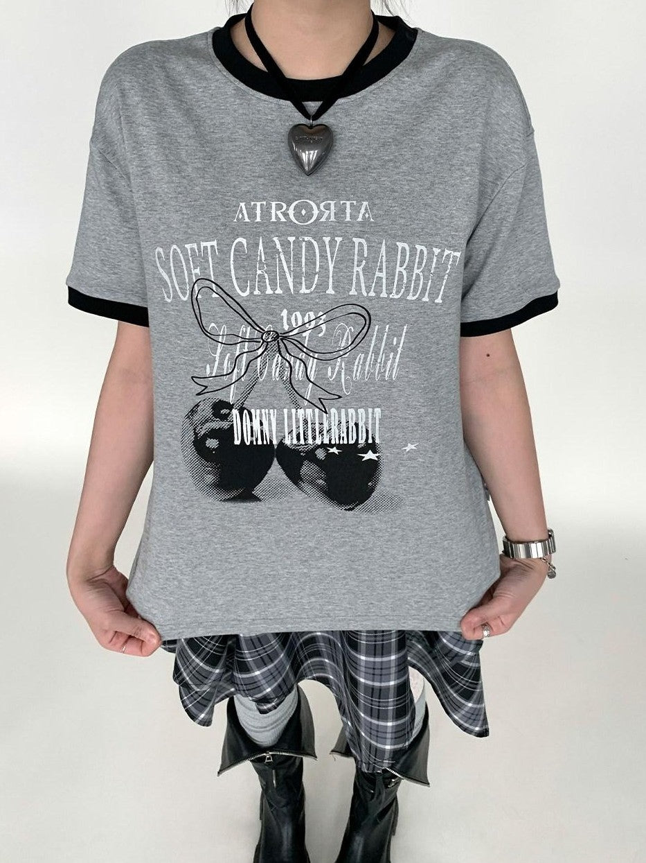 atrandom Cherry Print Contrast Edge Crewneck Bow Women&