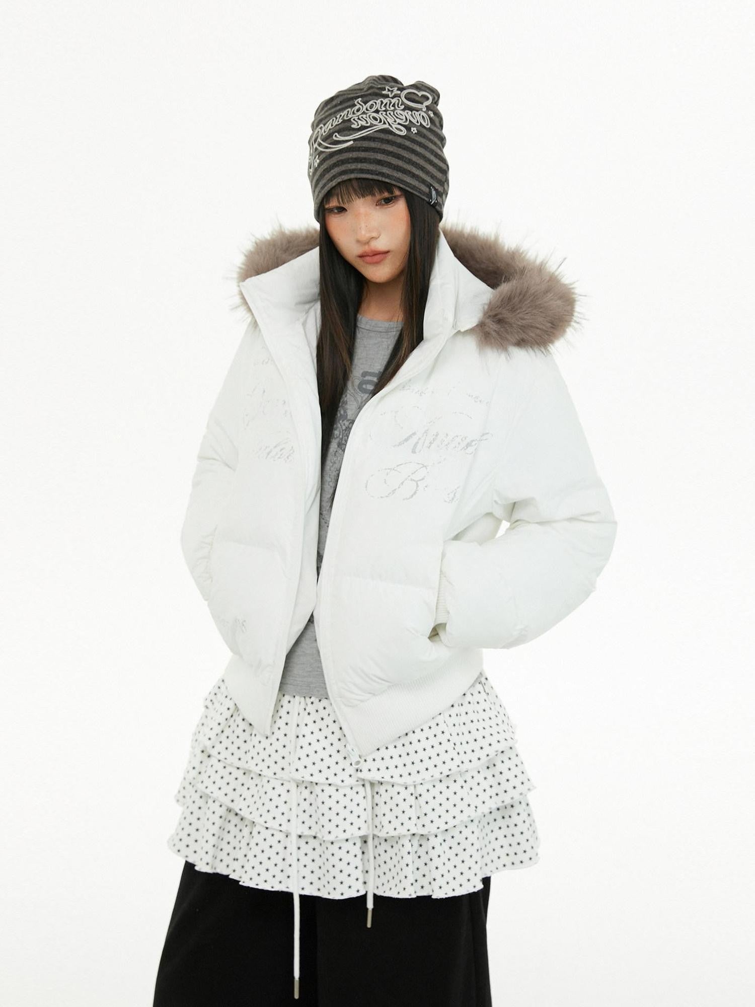 atrandom Cropped Fur Collar Detachable Hood Slim Fit Women&