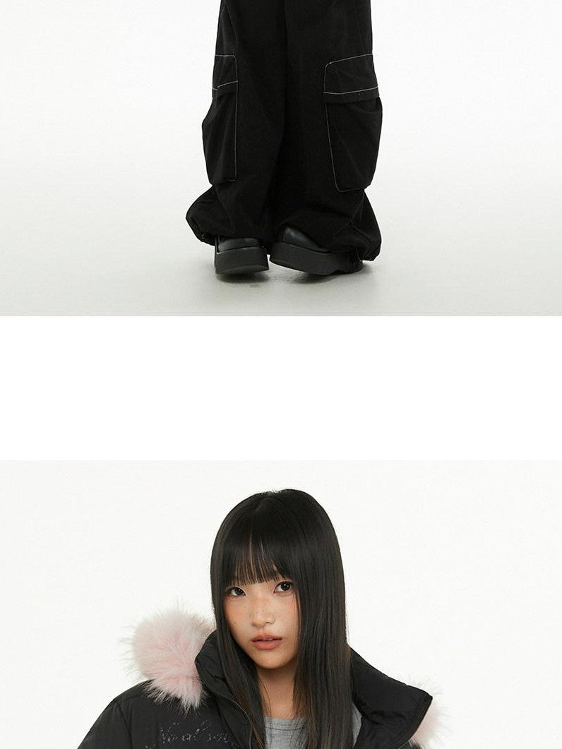 atrandom Cropped Fur Collar Detachable Hood Slim Fit Women&