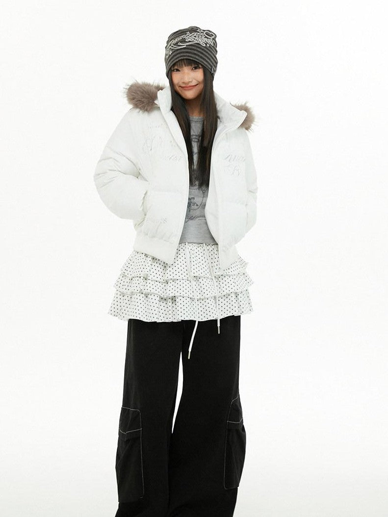 atrandom Cropped Fur Collar Detachable Hood Slim Fit Women&