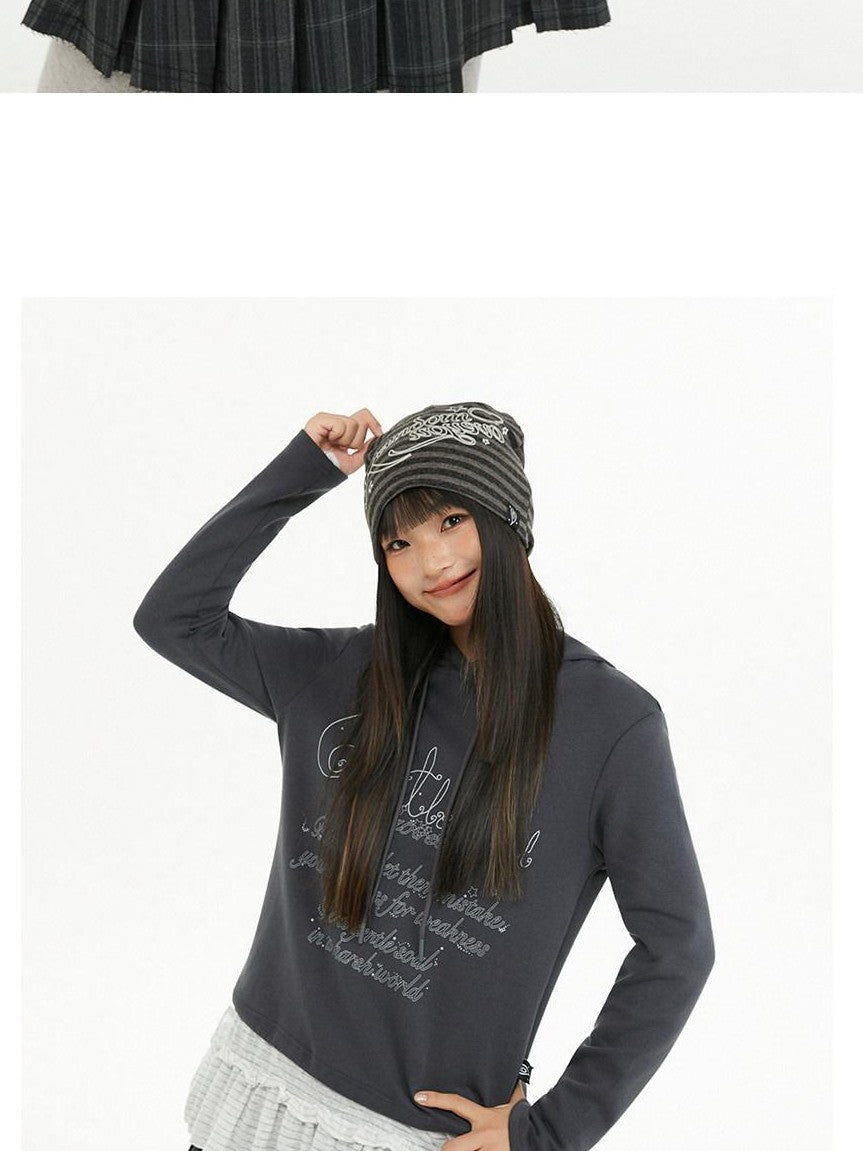 atrandom Dark Gray Air Layer Letter Print Drawstring Hooded Women&