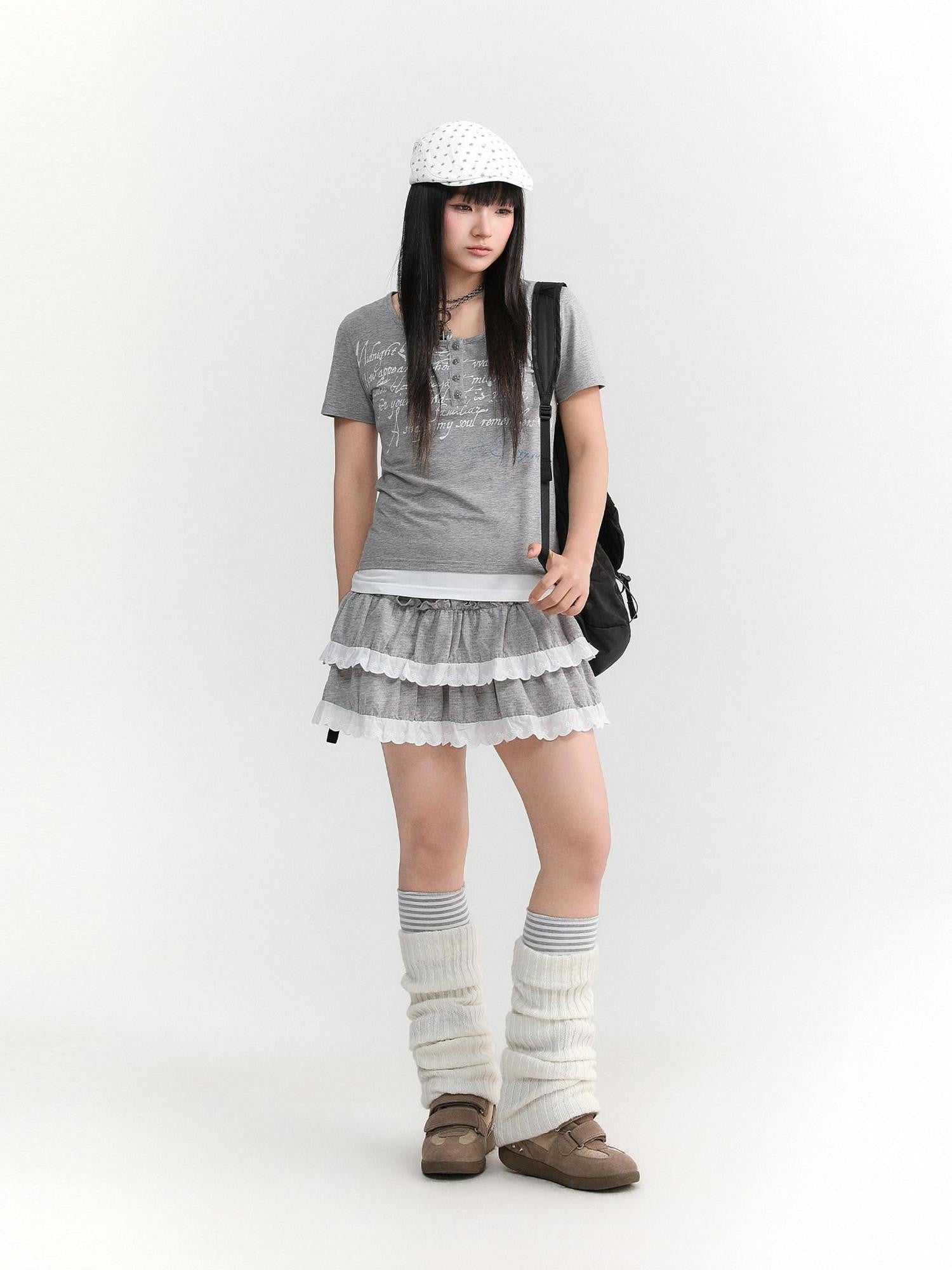 atrandom Dotted Floral Layered Lace Pleated High Waist Women&