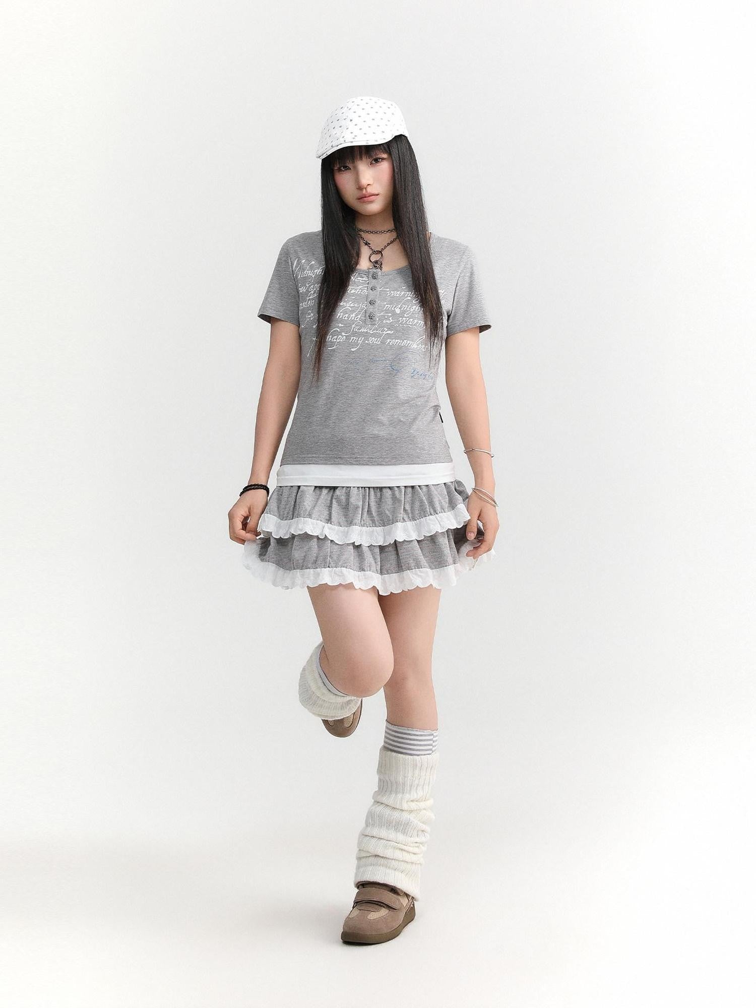 atrandom Dotted Floral Layered Lace Pleated High Waist Women&