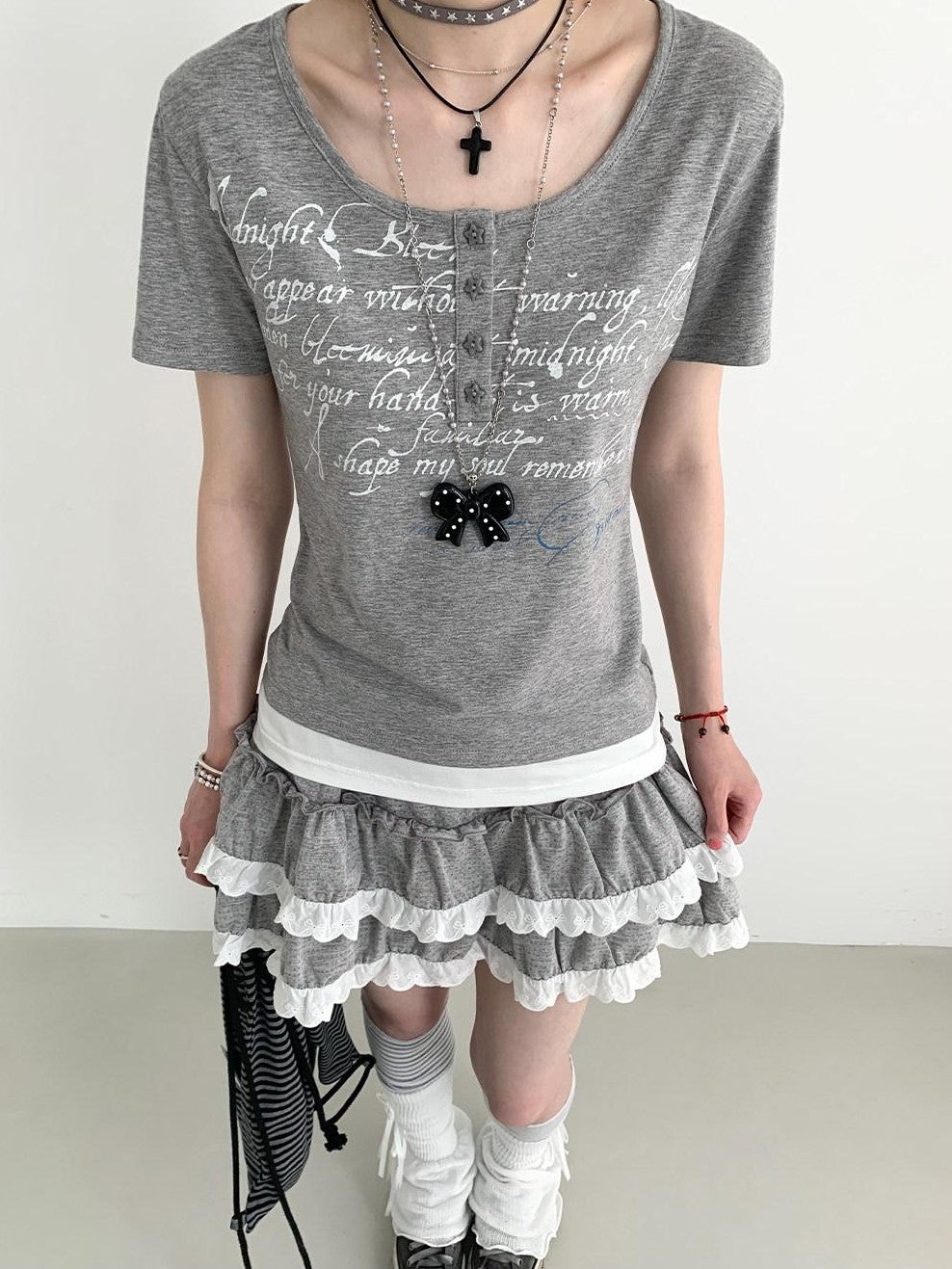 atrandom Dotted Floral Layered Lace Pleated High Waist Women&