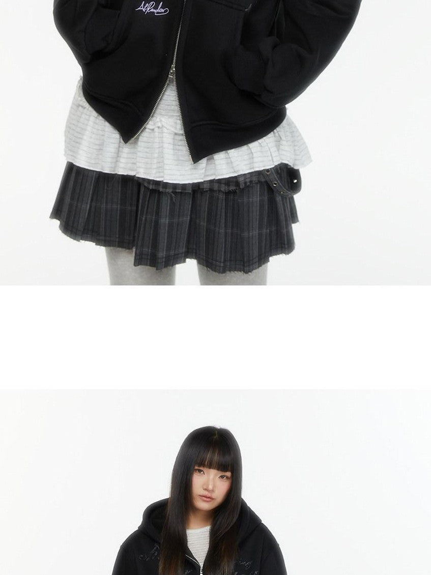 atrandom Embroidered Print Two Way Zip Hooded Women&