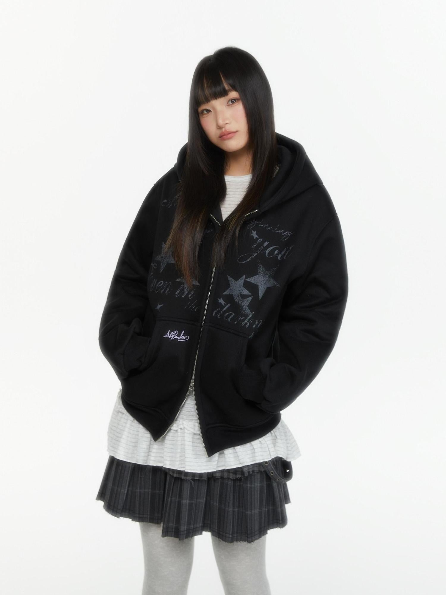 atrandom Embroidered Print Two Way Zip Hooded Women&
