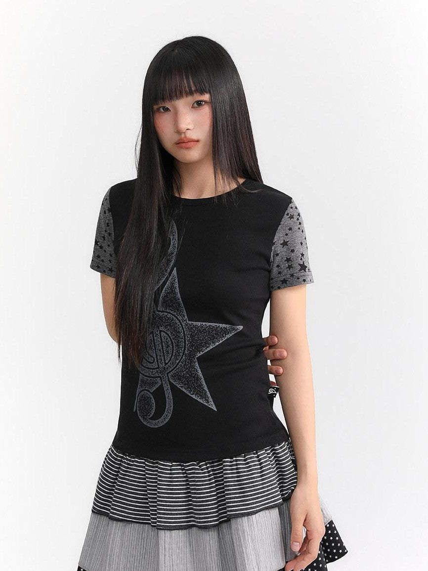 atrandom Faded Musical Note Print Patchwork Cap Sleeve Women&