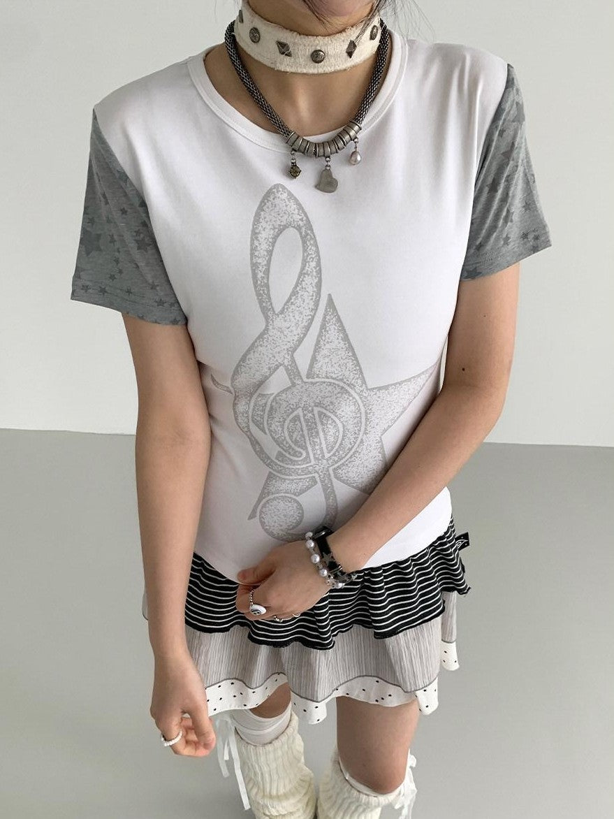 atrandom Faded Musical Note Print Patchwork Cap Sleeve Women&