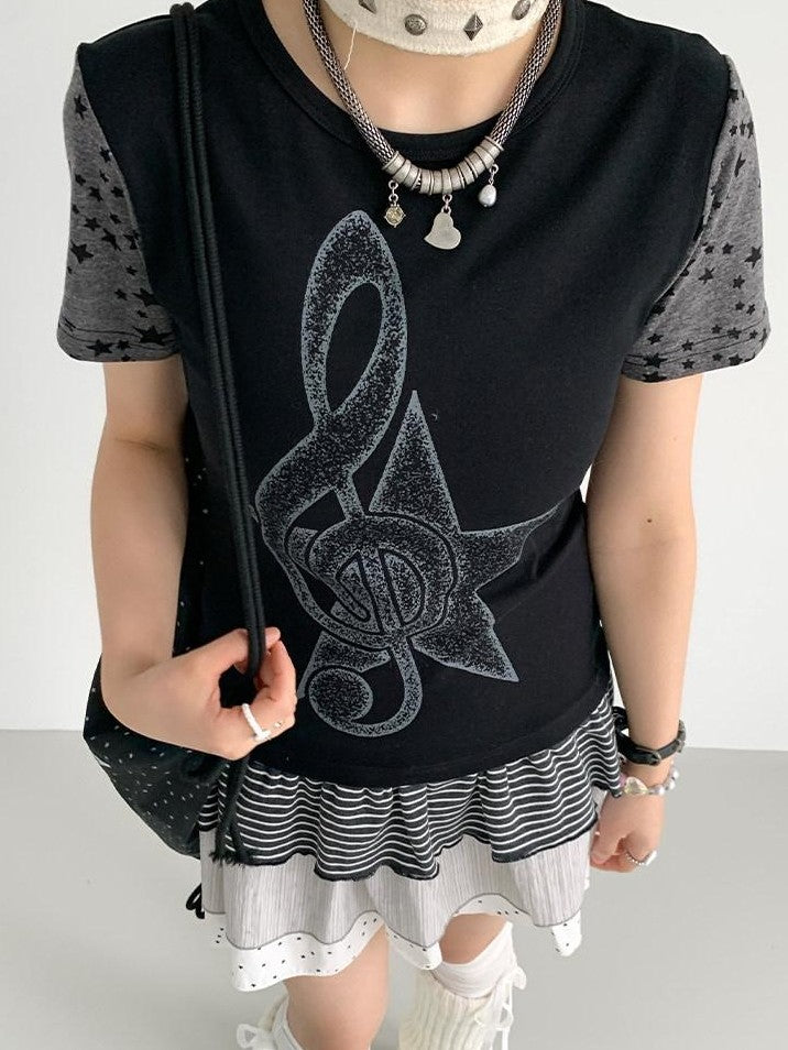atrandom Faded Musical Note Print Patchwork Cap Sleeve Women&
