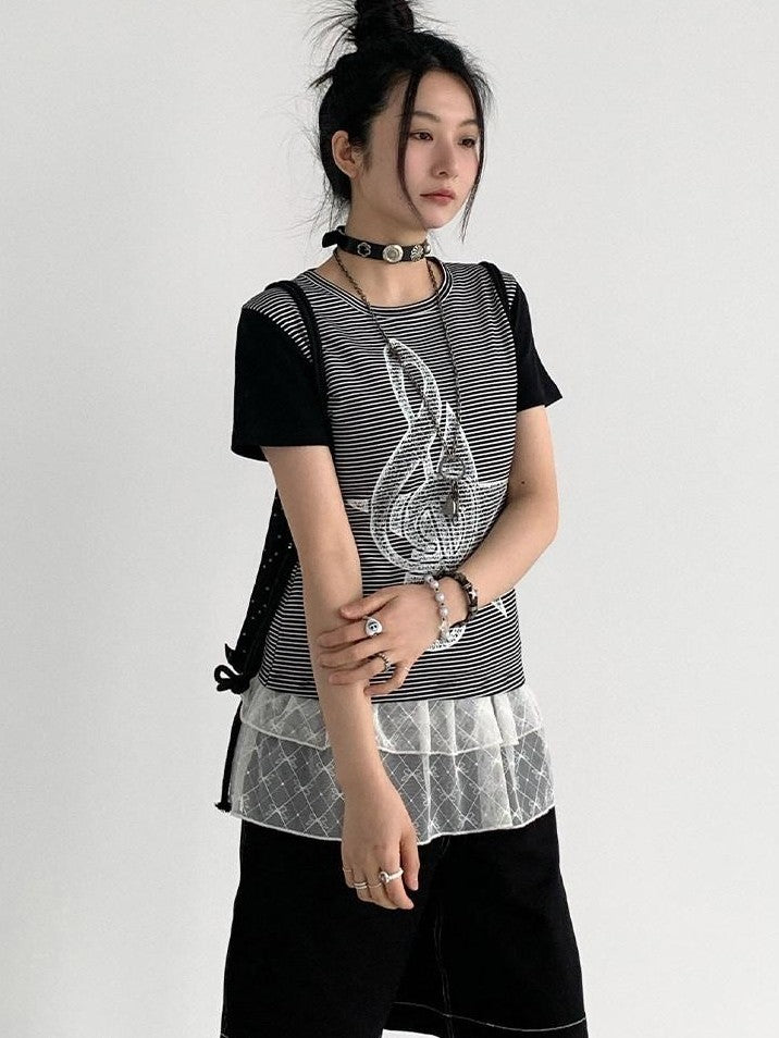 atrandom Faded Musical Note Print Patchwork Cap Sleeve Women&
