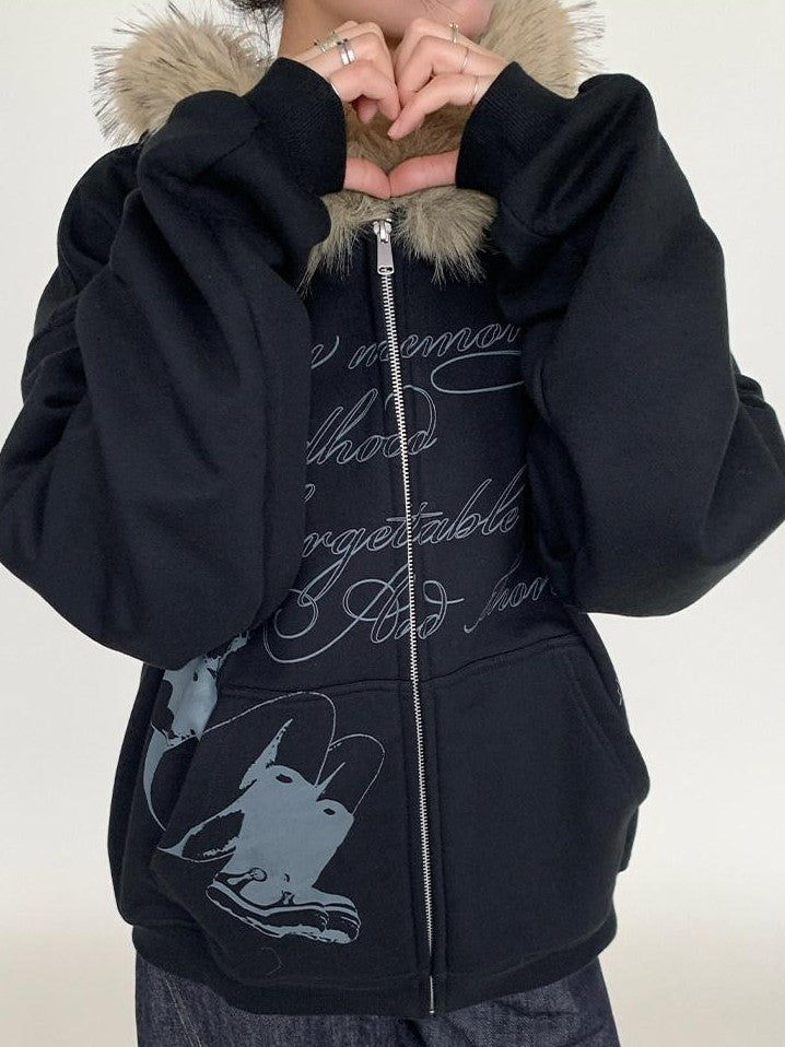 atrandom Gray Allover Letter Print Fur Trim Fleece Women&