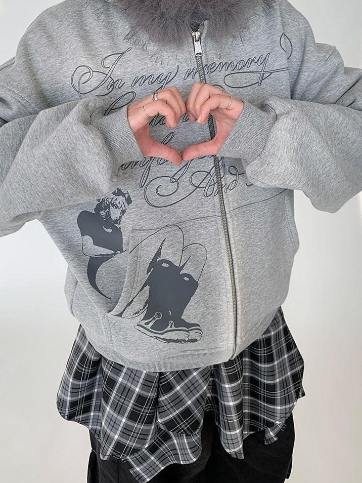 atrandom Gray Allover Letter Print Fur Trim Fleece Women&