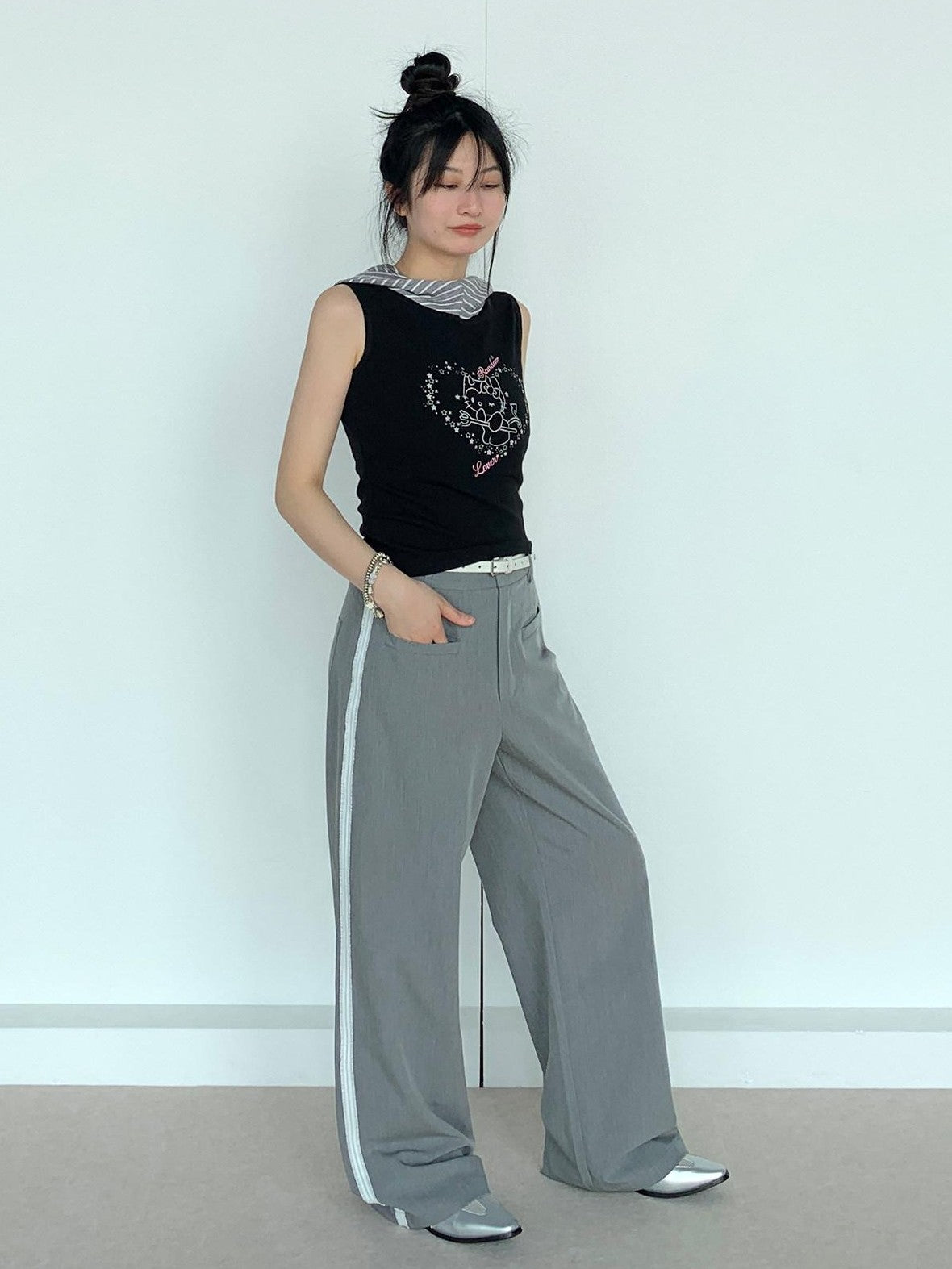 atrandom Grey Lace Trim Low Rise Straight Women&