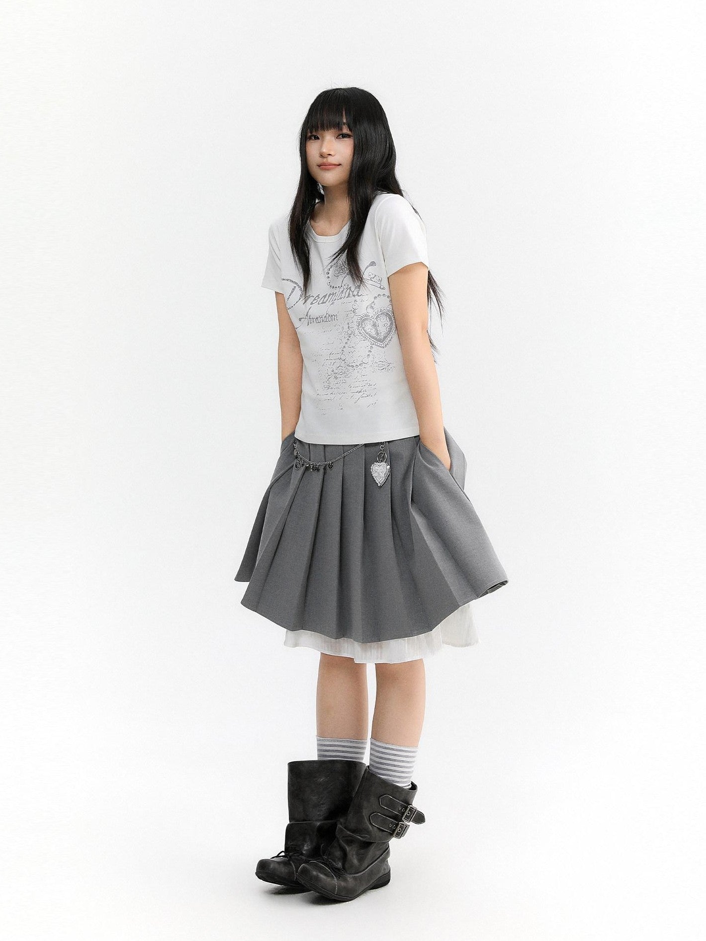 atrandom Light Gray Pleated Collegiate Women&