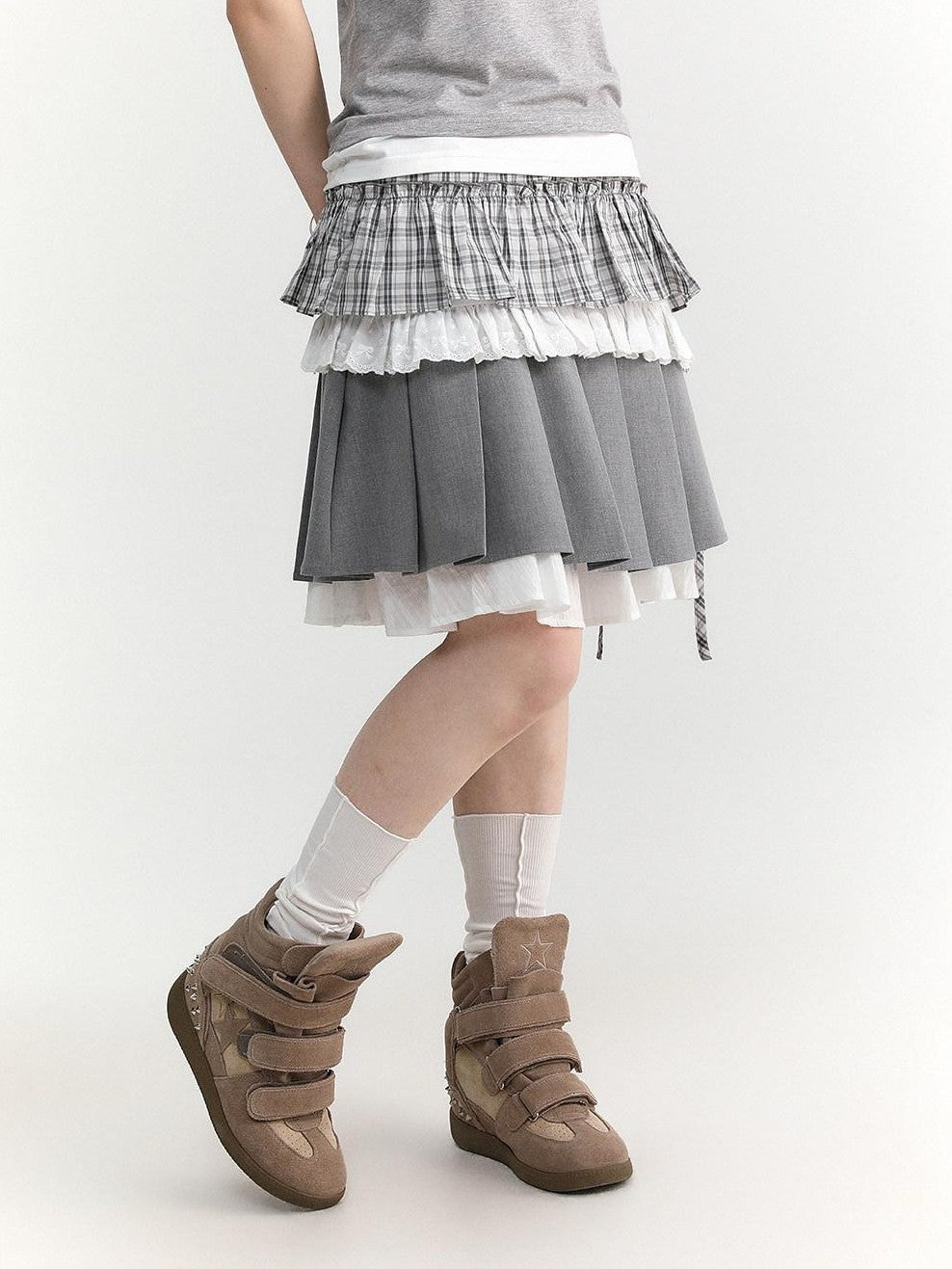 atrandom Light Green Plaid Tie High Waist Pleated Side Slit Women&
