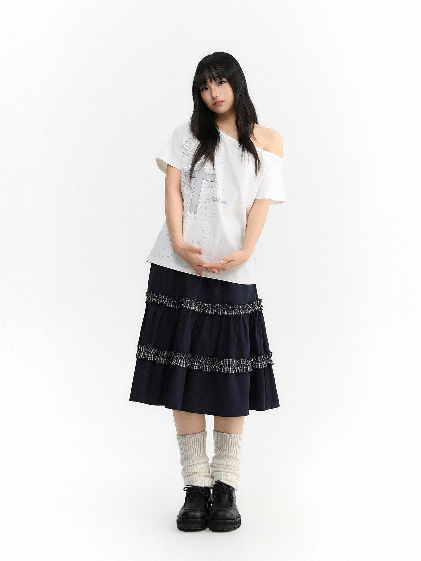 atrandom Navy Plaid Lace Trim Ruffle Patchwork Women&