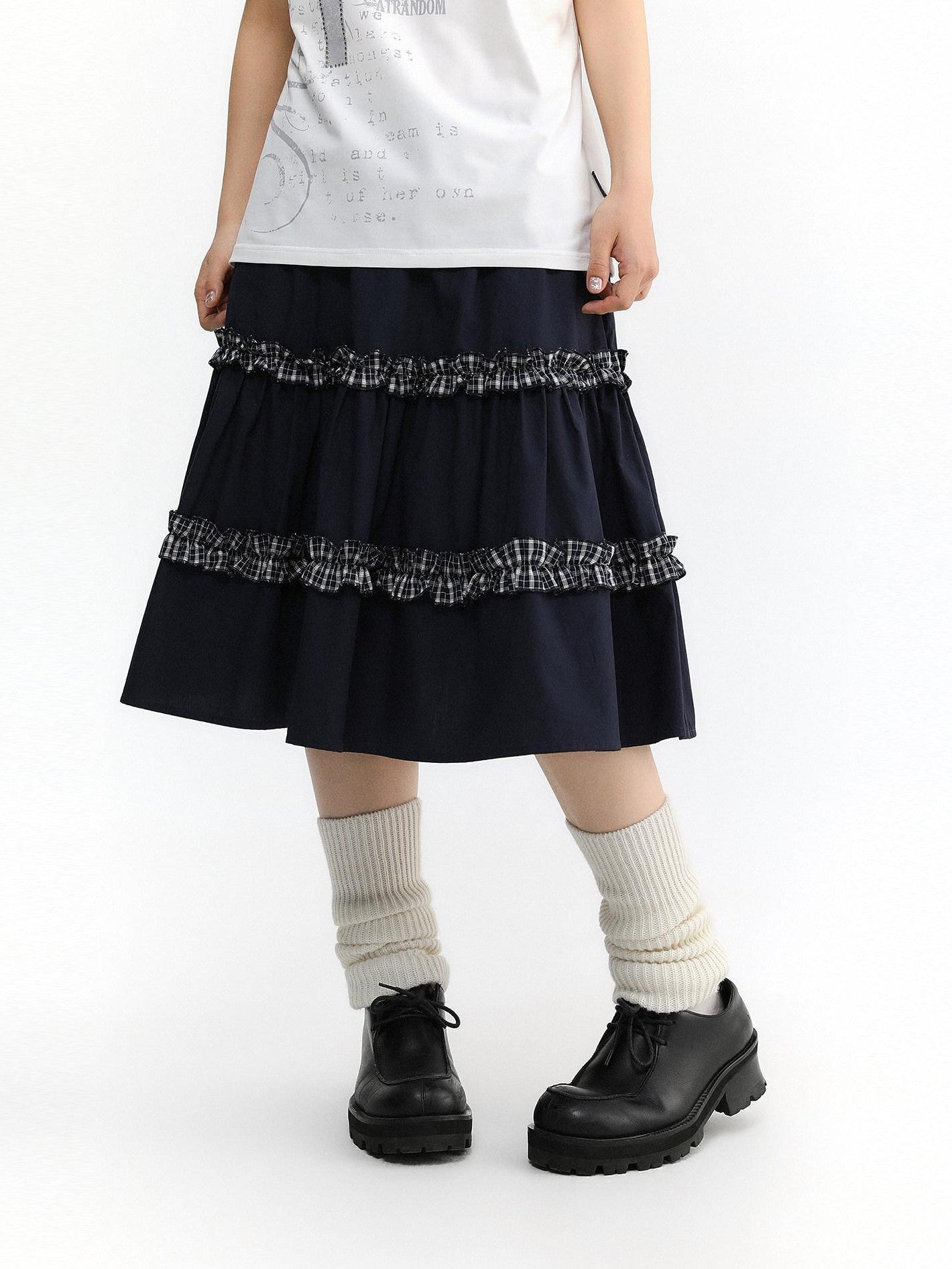 atrandom Navy Plaid Lace Trim Ruffle Patchwork Women&