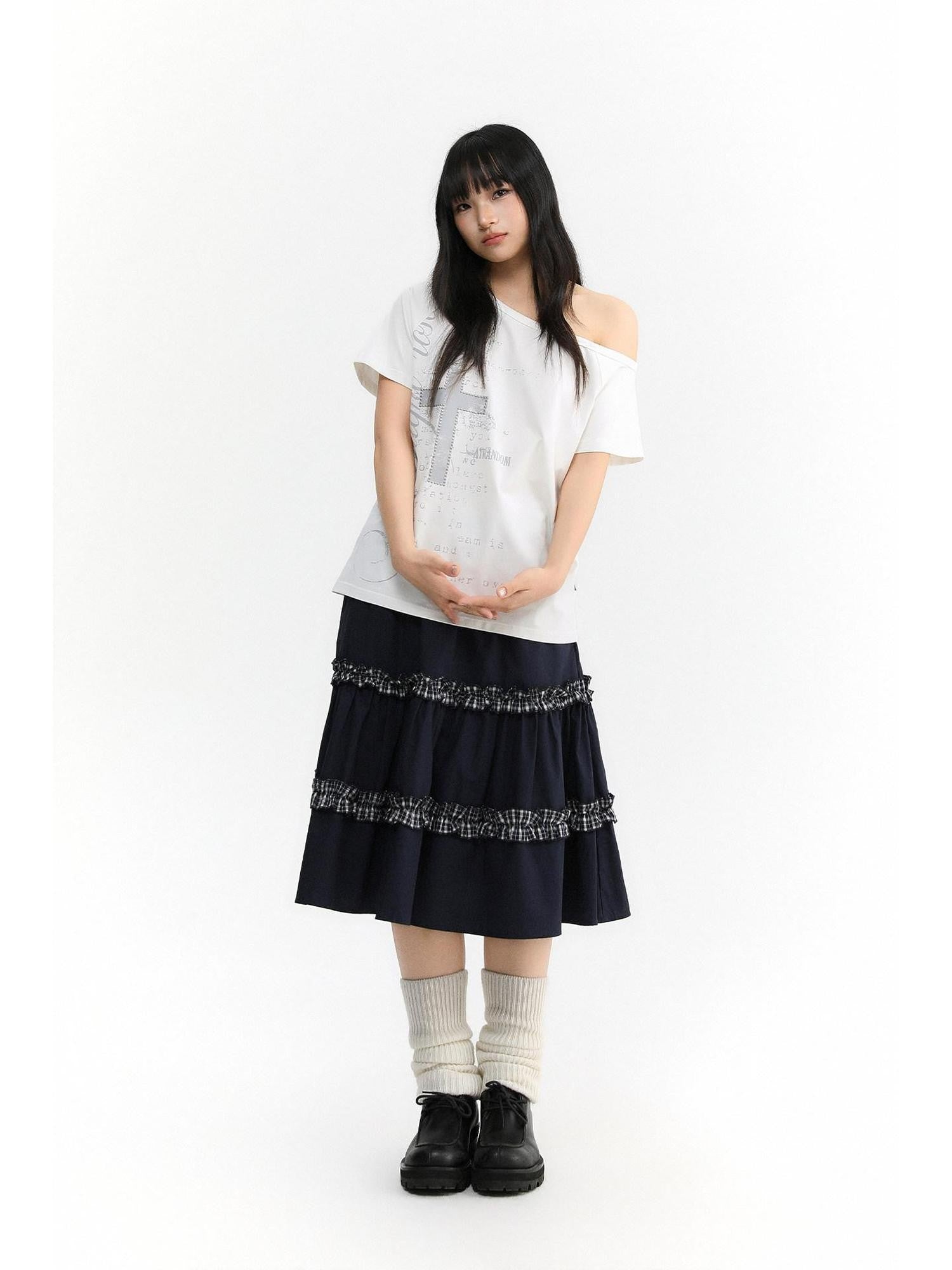 atrandom Navy Plaid Lace Trim Ruffle Patchwork Women&