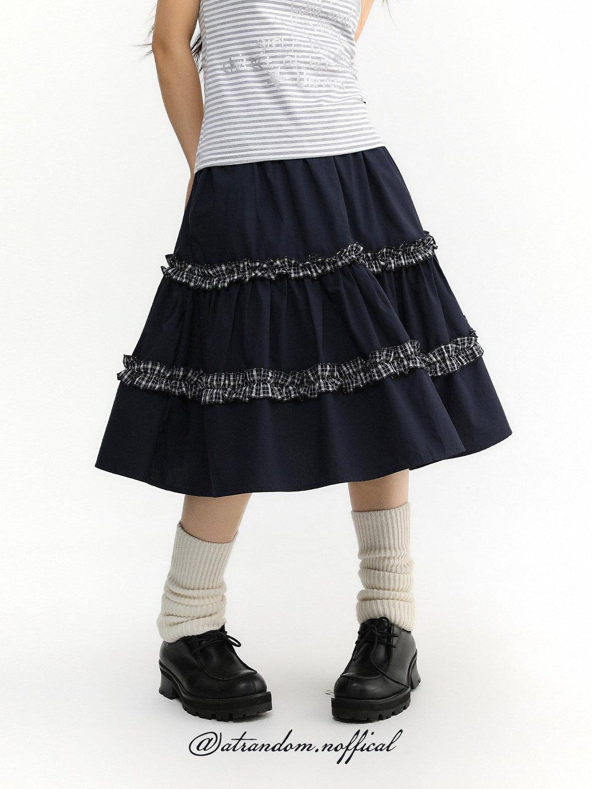 atrandom Navy Plaid Lace Trim Ruffle Patchwork Women&