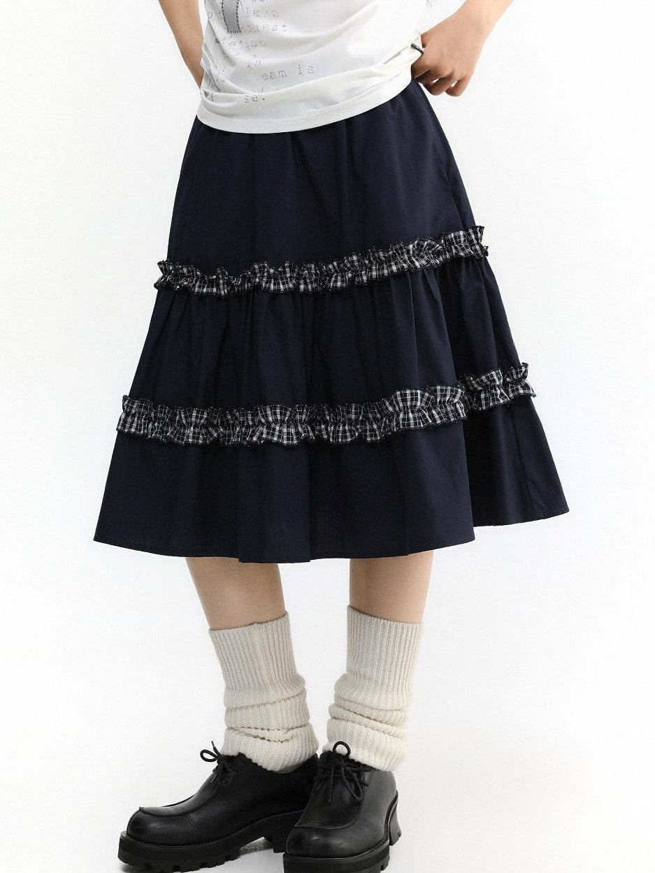 atrandom Navy Plaid Lace Trim Ruffle Patchwork Women&